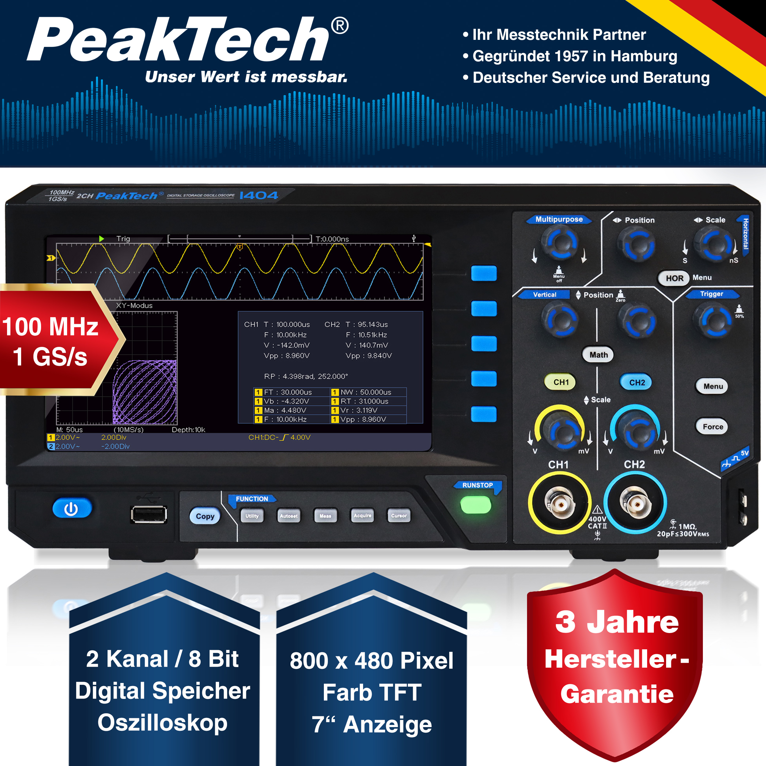 «PeakTech® P 1404» 100 MHz / 2 CH, 1 GS/s Digitalspeicheroszilloskop