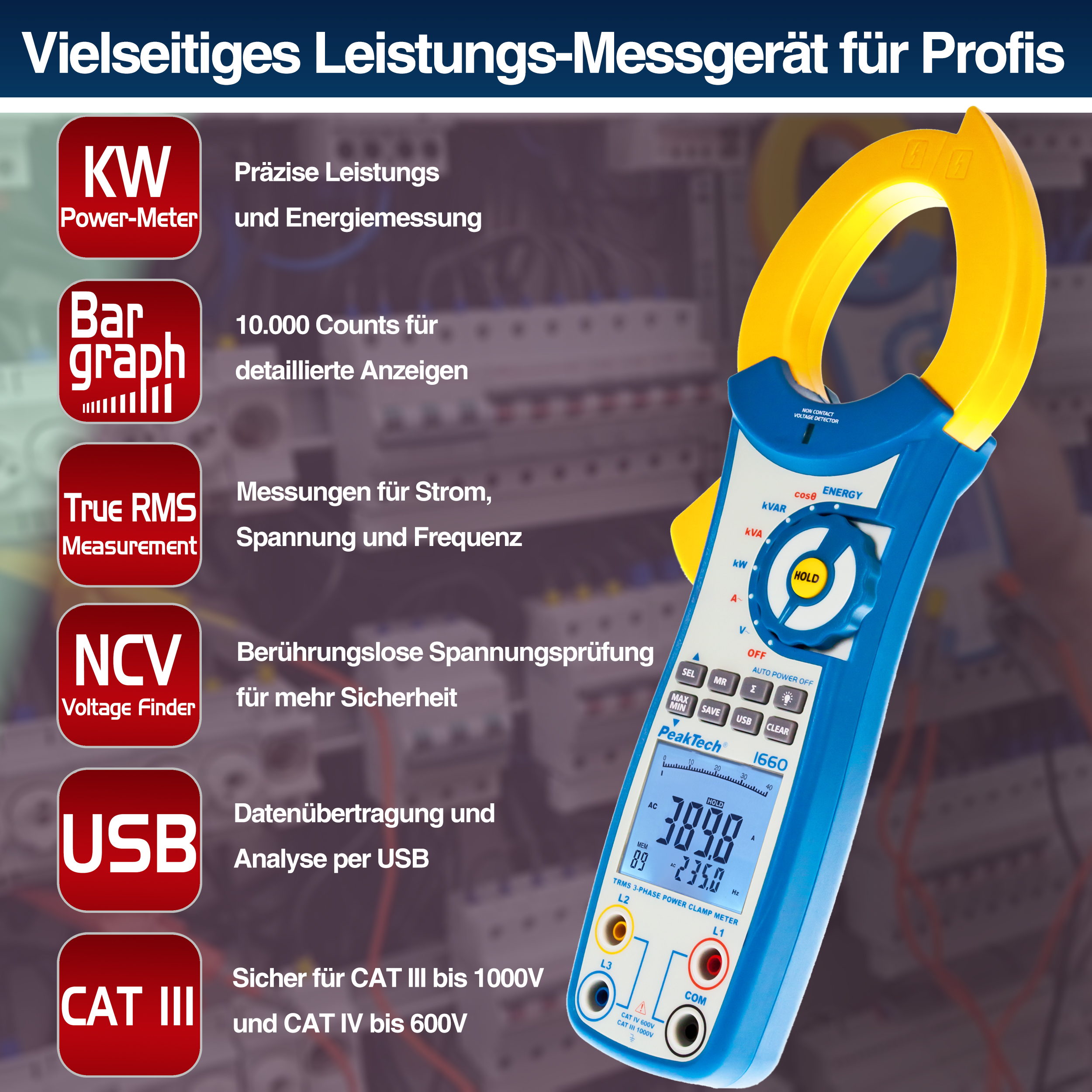 «PeakTech® P 1660» TrueRMS power clamp meter 1000 A AC up to 750 kW