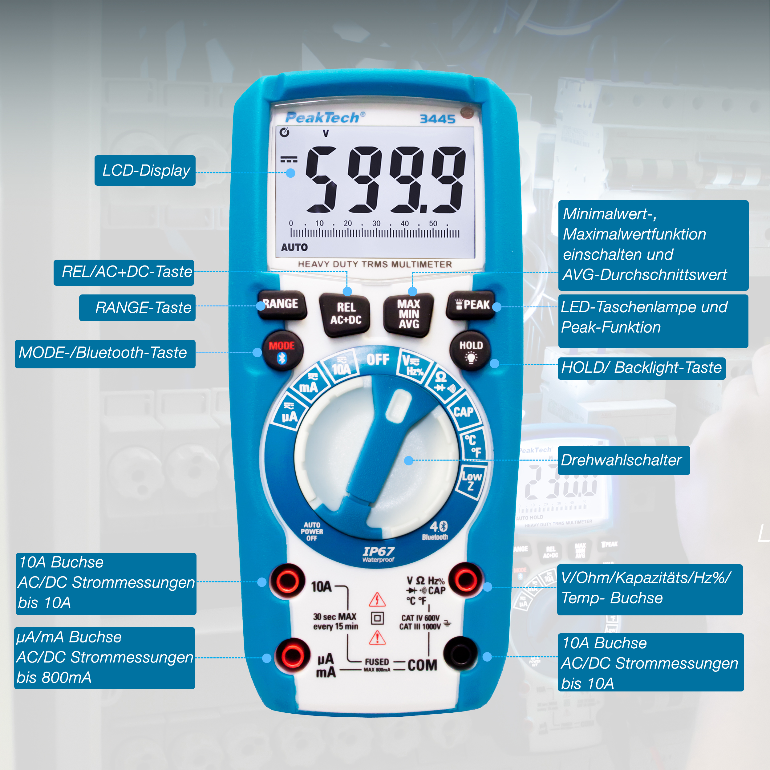 «PeakTech® P 3445» TrueRMS Digitalmultimeter 6.000 Counts, IP67, BT