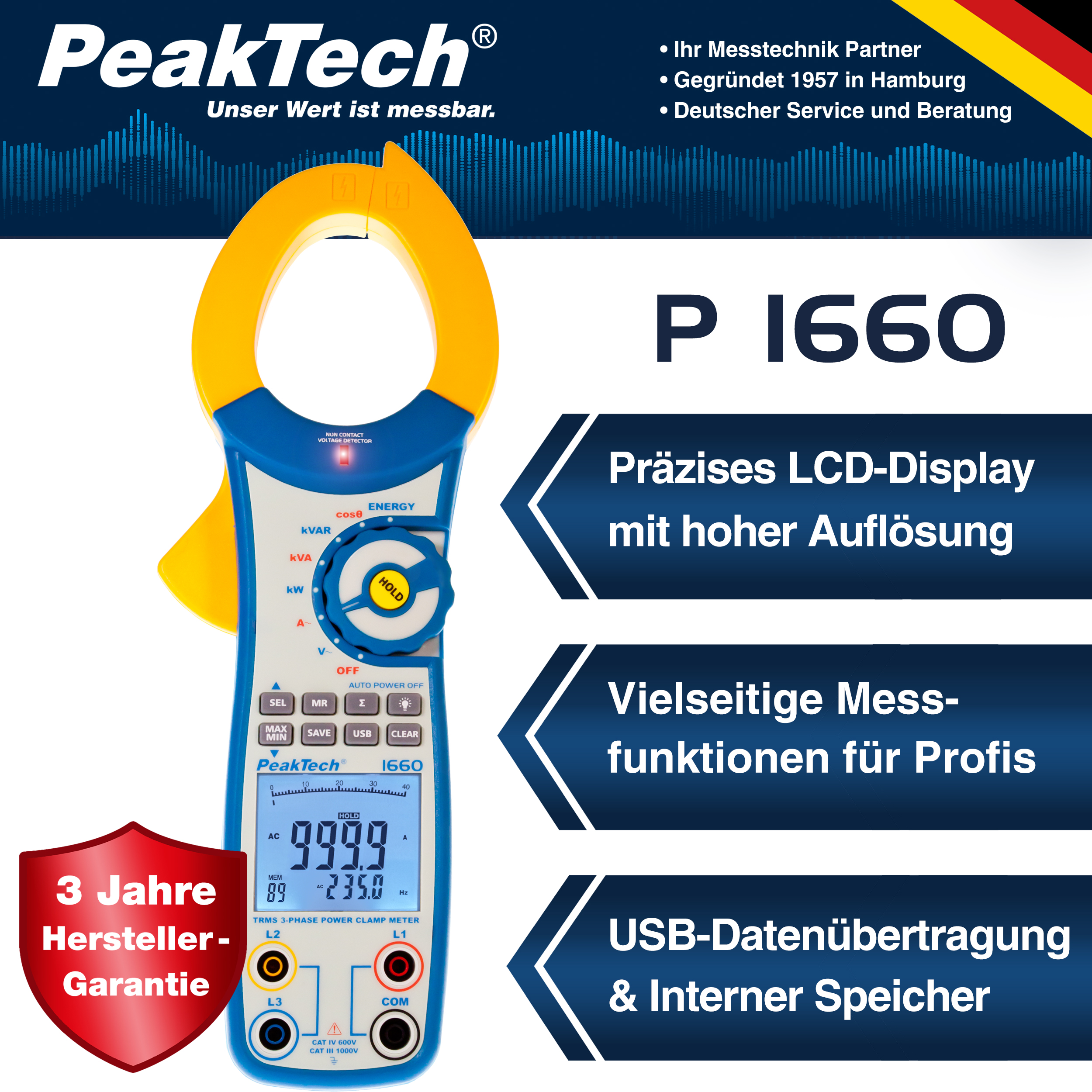 «PeakTech® P 1660» TrueRMS power clamp meter 1000 A AC up to 750 kW