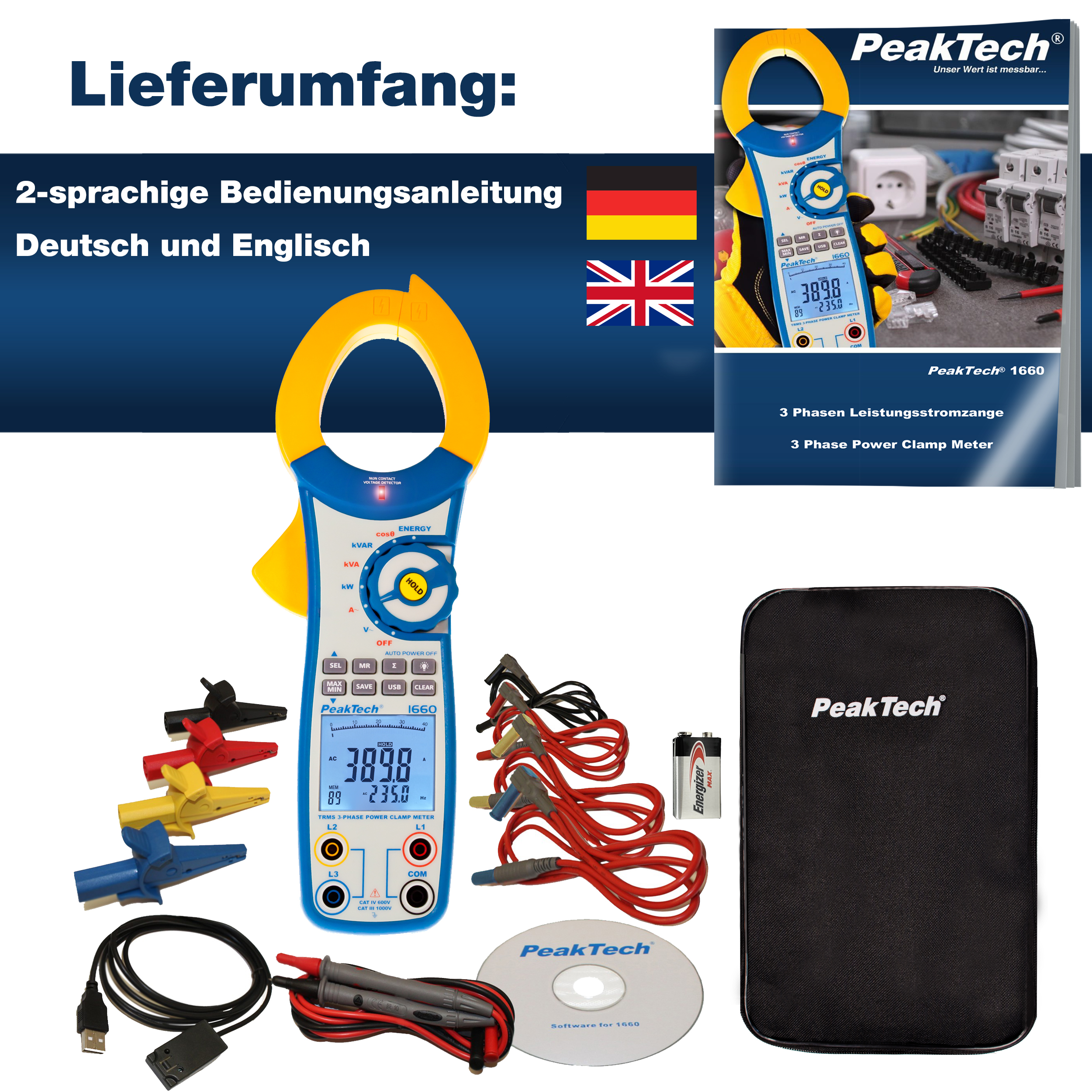 «PeakTech® P 1660» TrueRMS power clamp meter 1000 A AC up to 750 kW