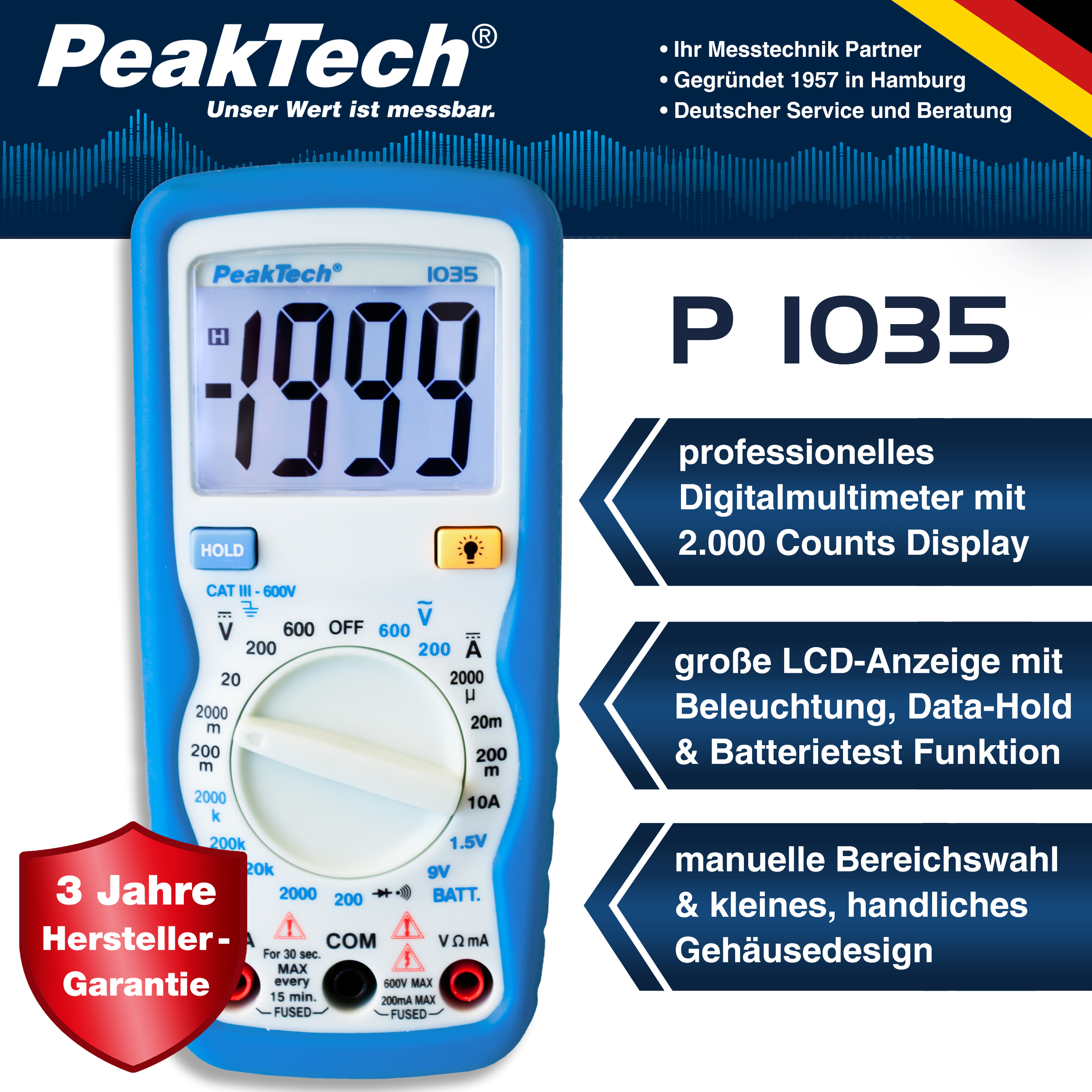 «PeakTech® P 1035» 600V AC / DC digital multimeter ~ 2000 digit LCD