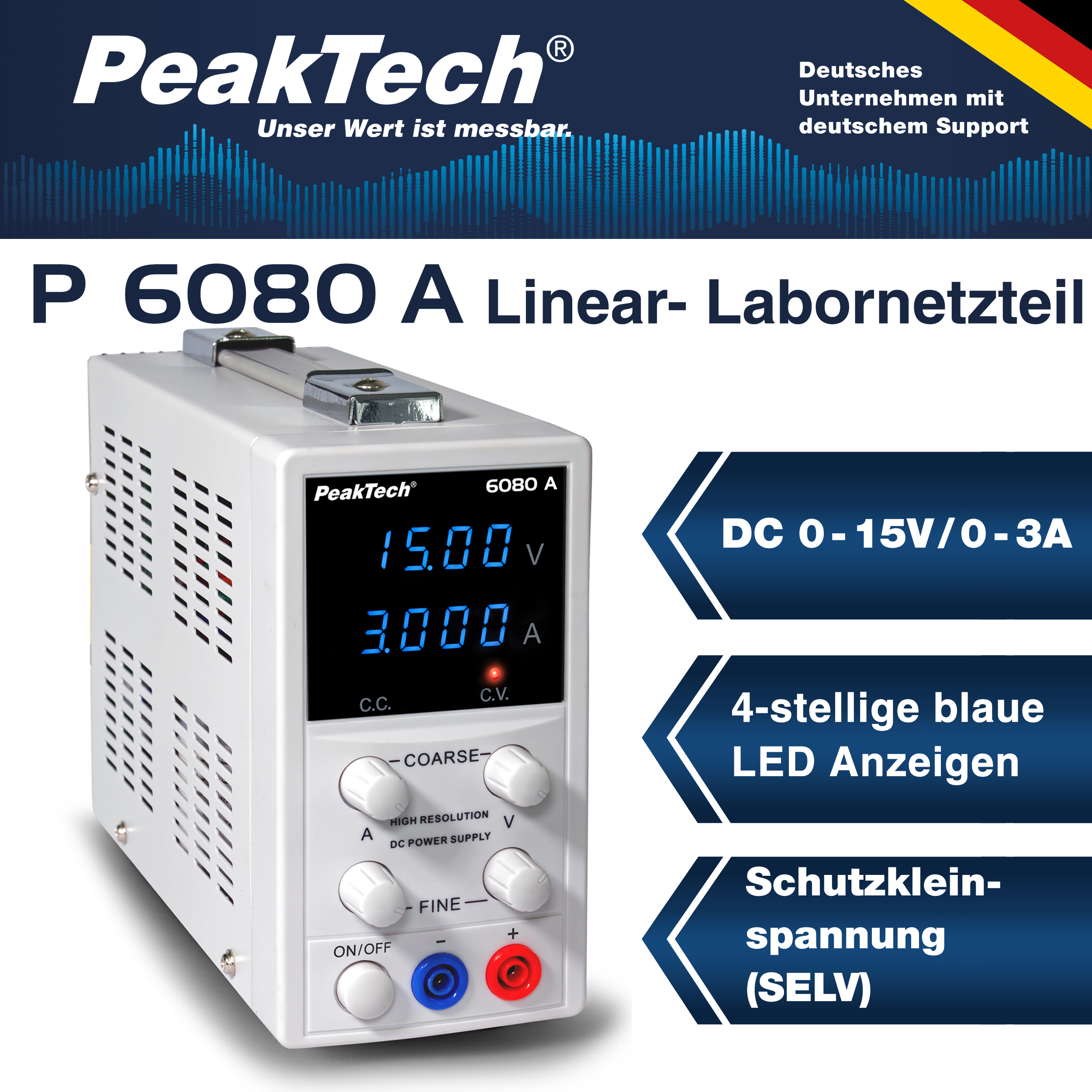 «PeakTech® P 6080 A» Digital Laboratory Power Supply, 0-15 V/0-3 A DC