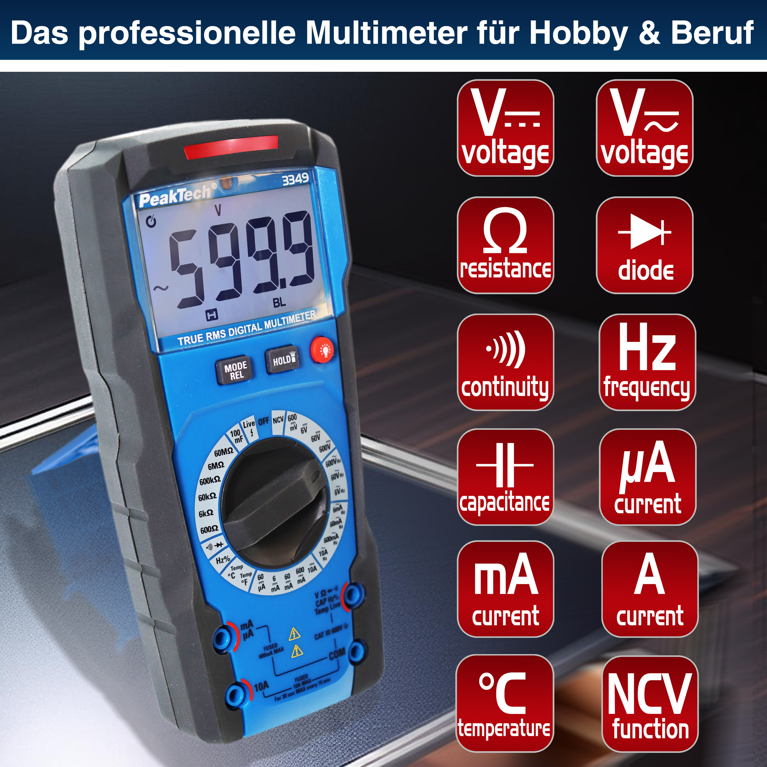 «PeakTech® P 3349» TrueRMS digital multimeter 6000 Counts, Man. Range