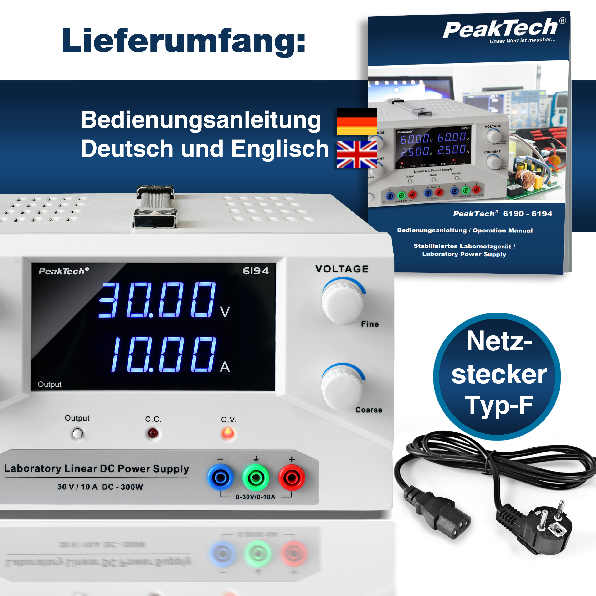 «PeakTech® P 6194» Laboratory power supply 0-30 V / 0-10 A DC