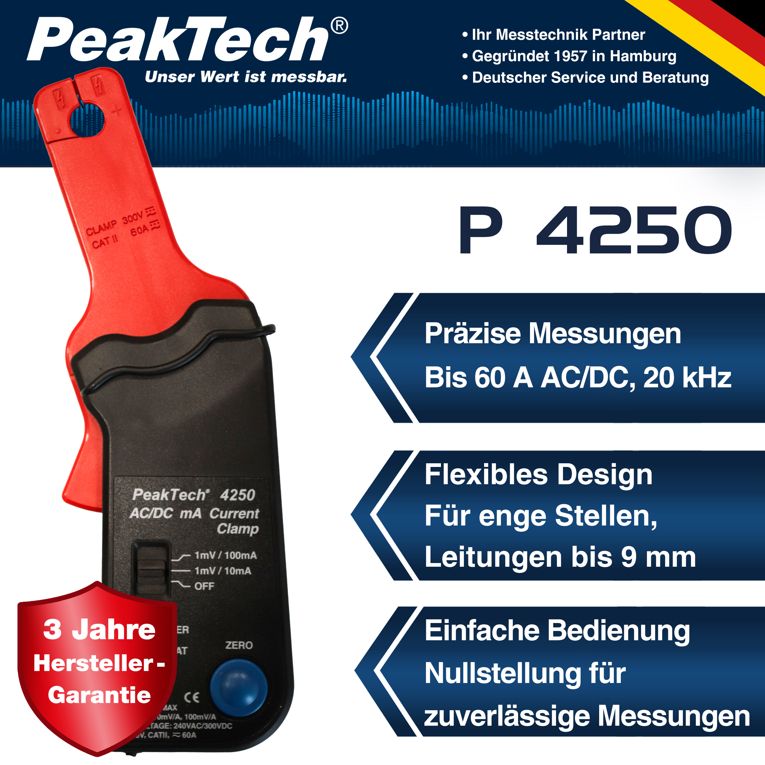 «PeakTech® P 4250» Current Clamp Adapter 60 A AC/DC, with 4mm Plugs