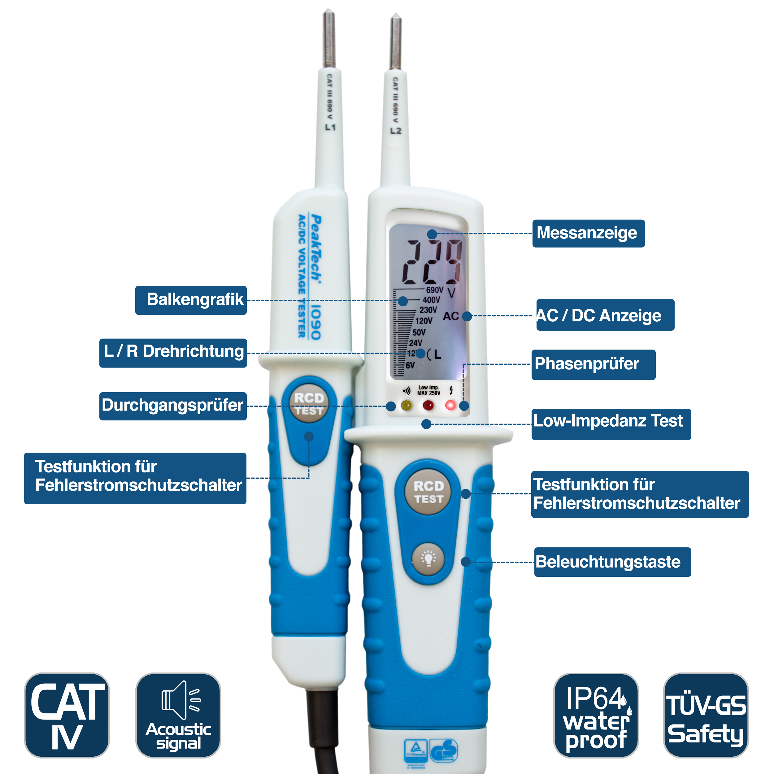 «PeakTech® P 1090» AC/DC Voltage Tester with RCD-Test and LCD-display