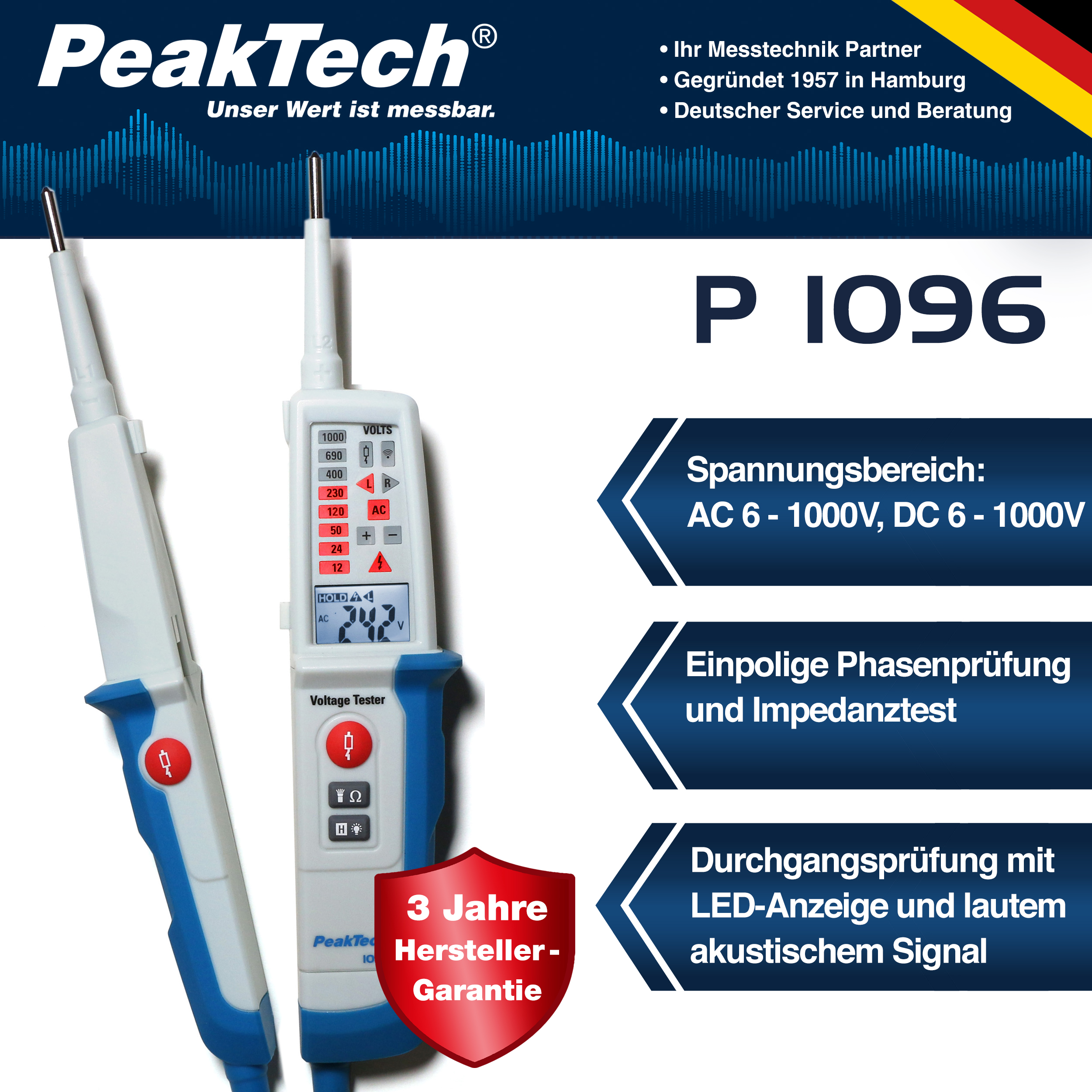 «PeakTech® P 1096» Tester napięcia AC/DC z testem RCD