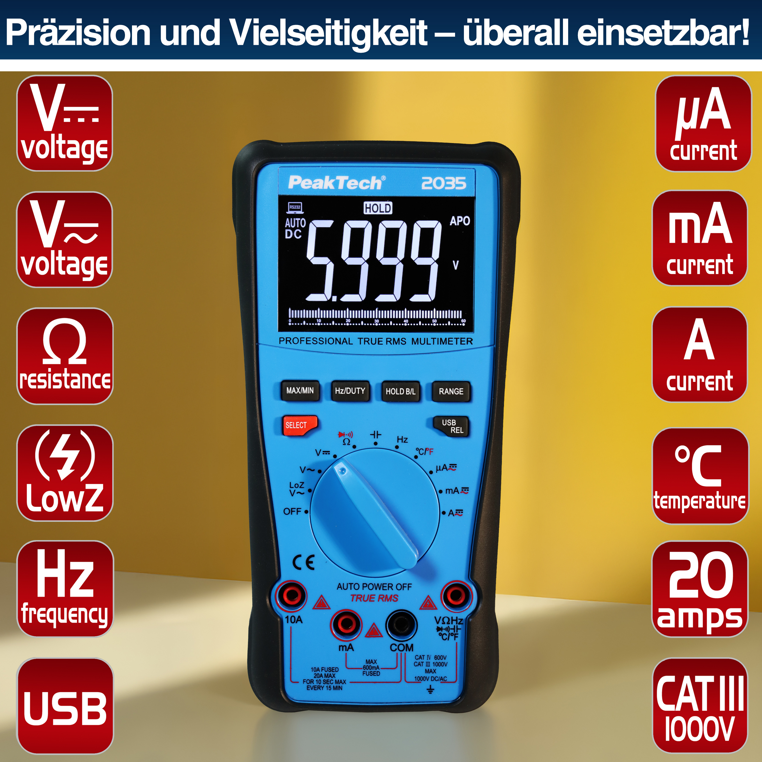 «PeakTech® P 2035» True RMS 1000 V Digitalmultimeter 6000 Counts, USB