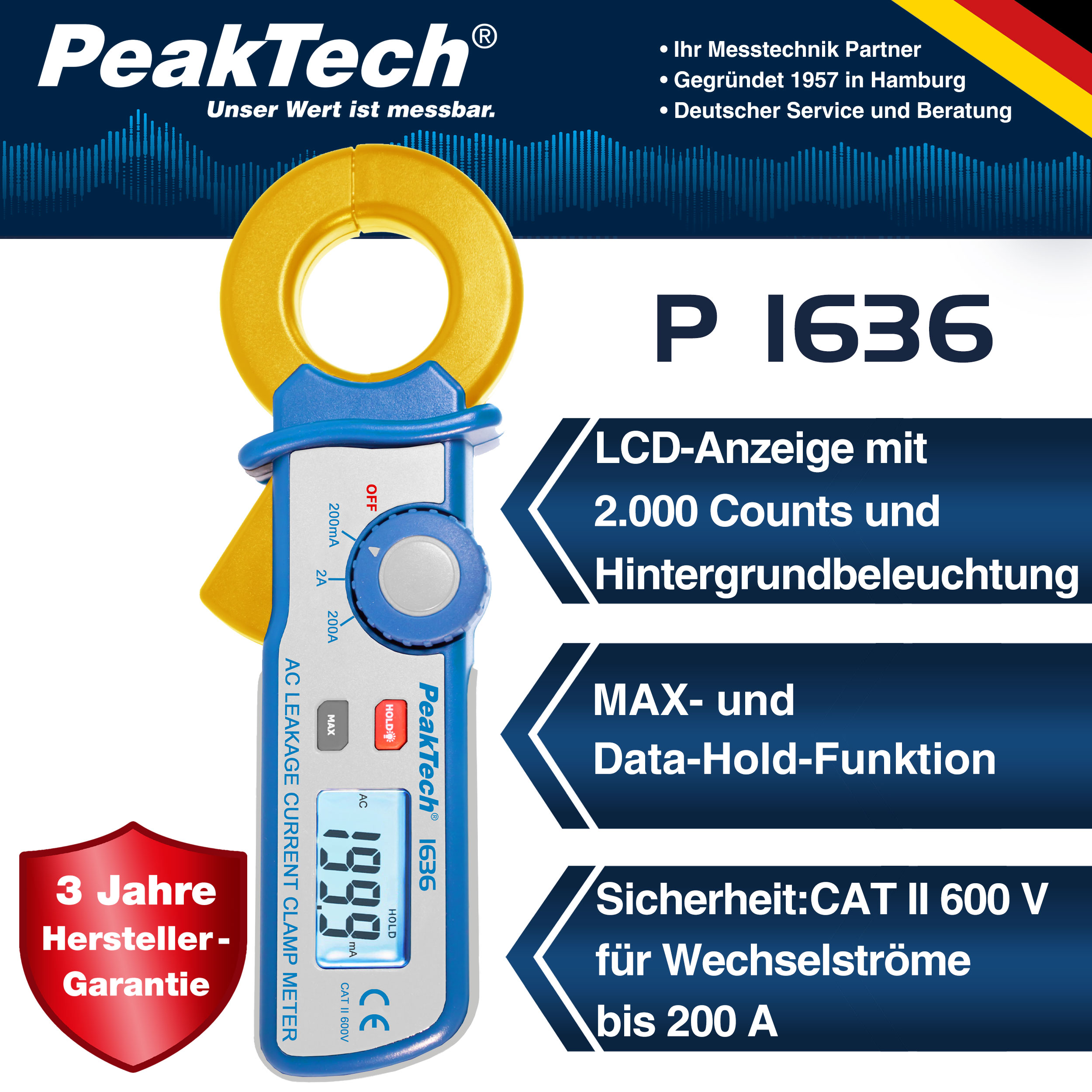 «PeakTech® P 1636» Leakage current clamp with a resolution of 100 µA