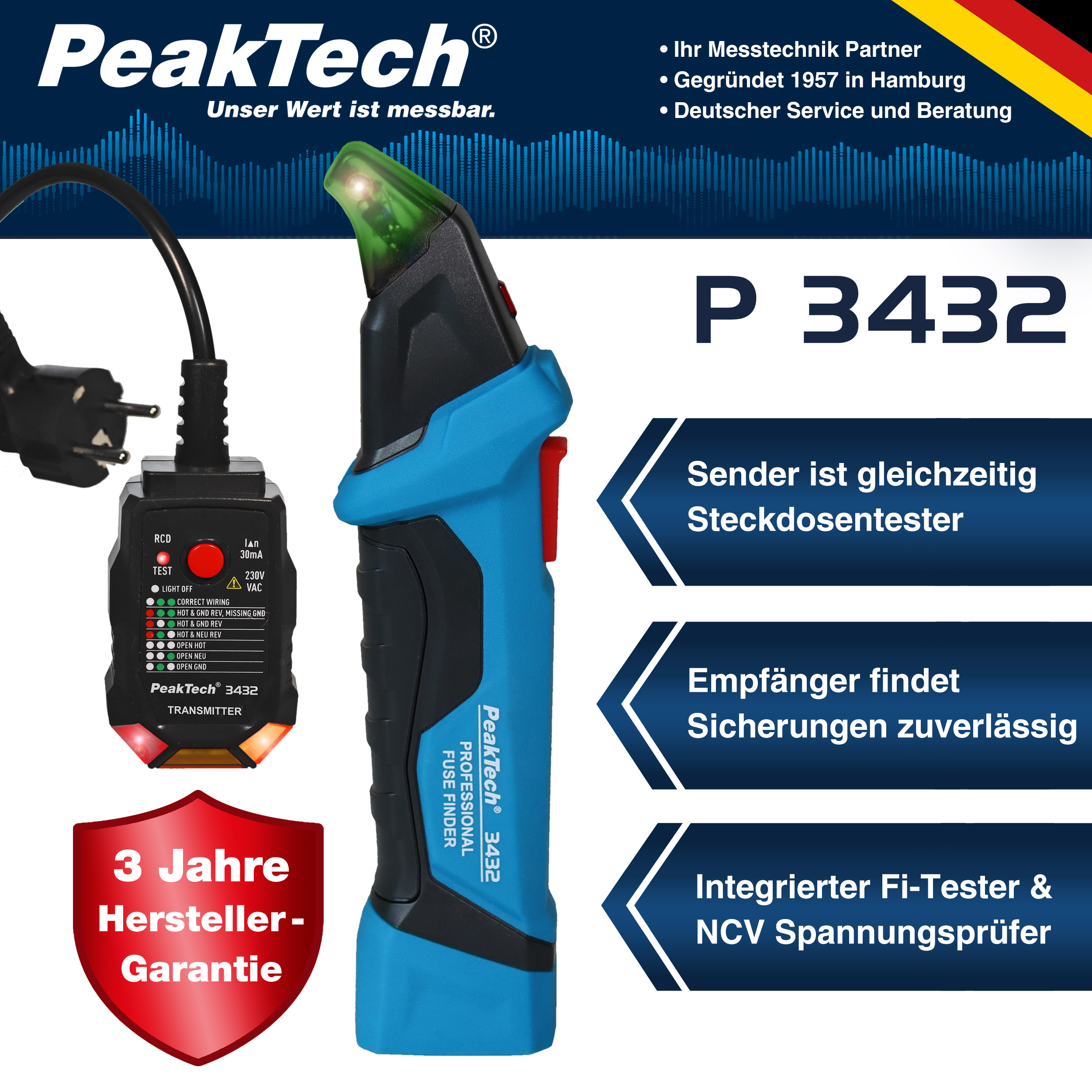 «PeakTech® P 3432» Trovafusibili con tester RCD