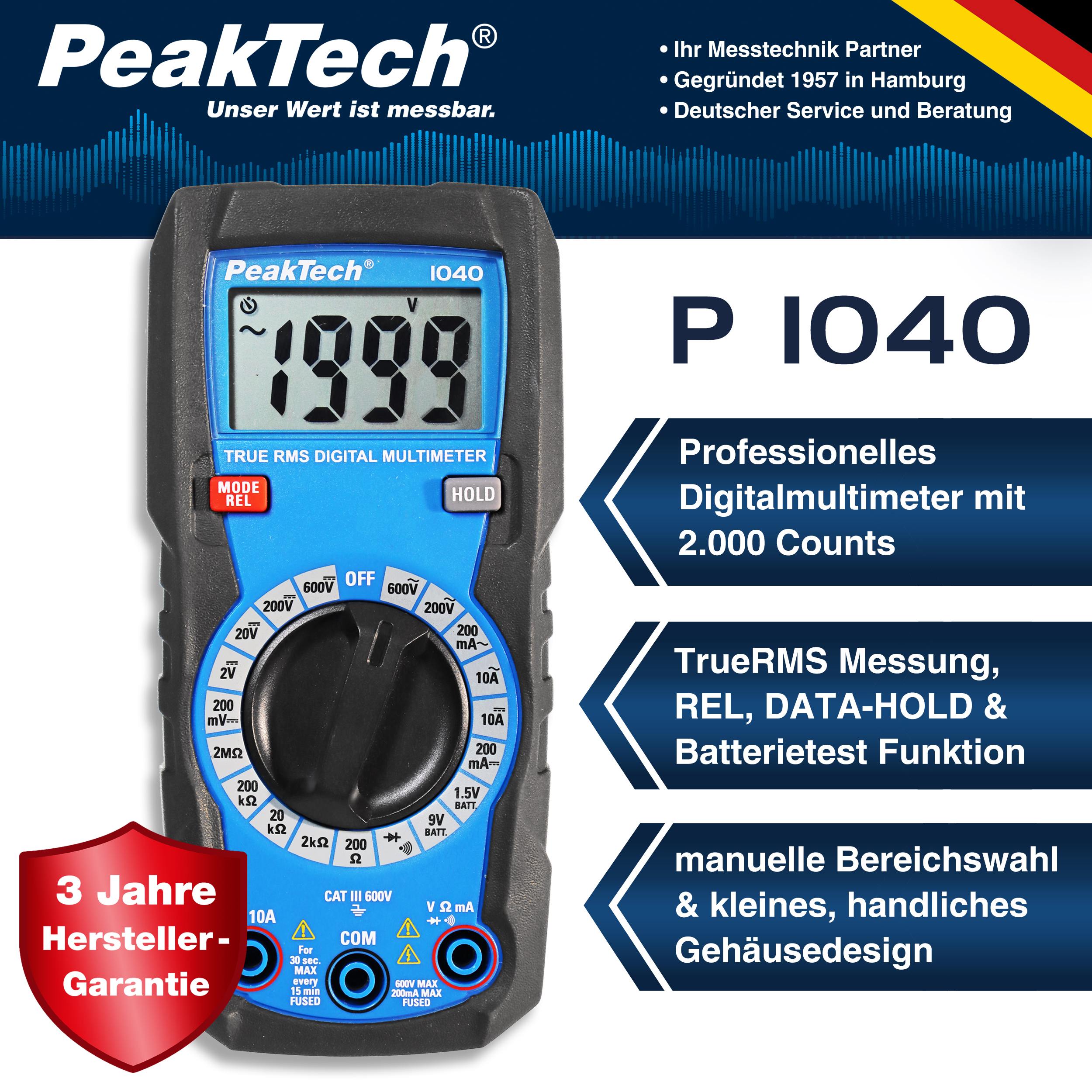 «PeakTech® P 1040» TrueRMS Digital Multimeter 2000 Counts, Man. Range