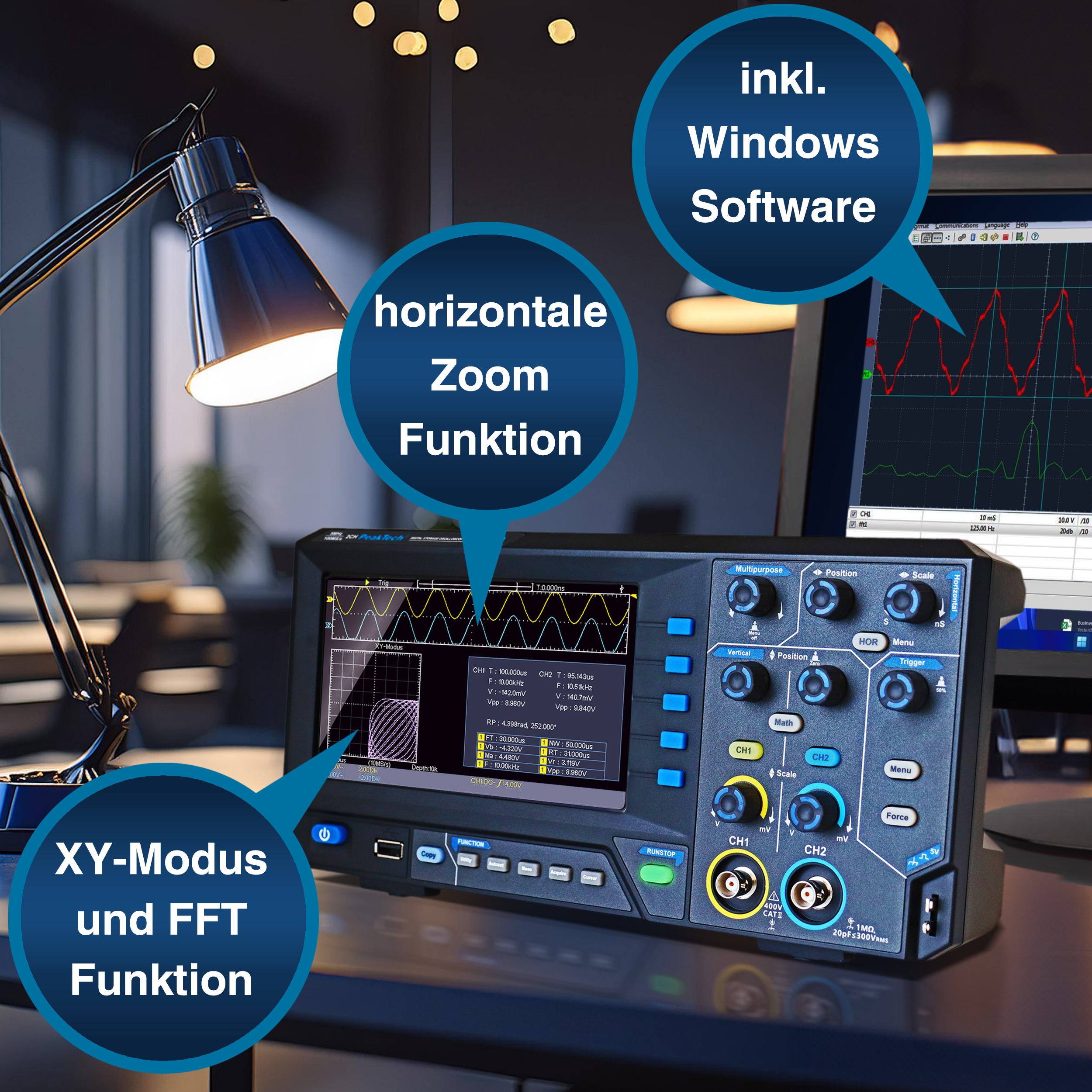 «PeakTech® P 1400» 5 MHz / 2CH, 100 MS/s Oscilloscope à mémoire