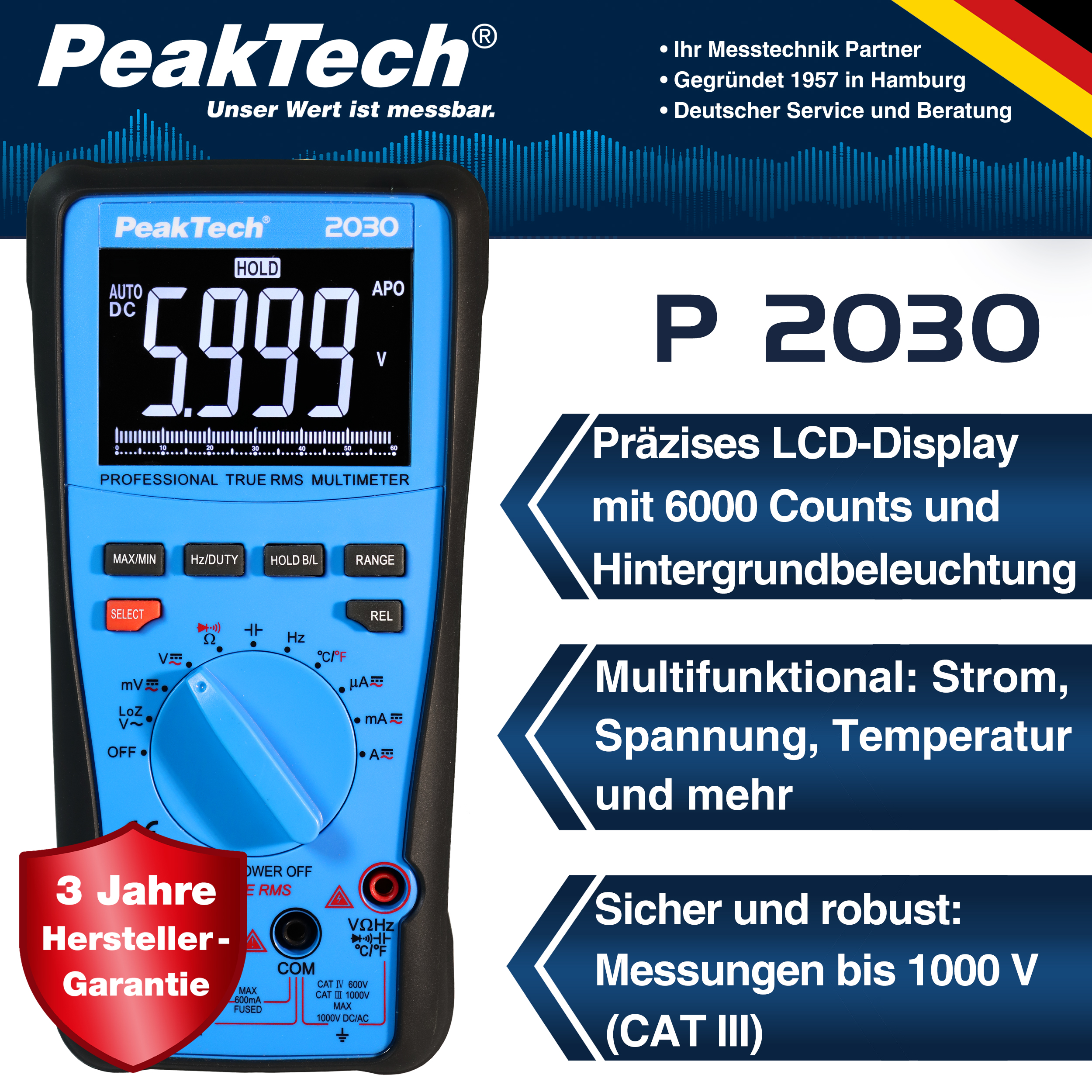 «PeakTech® P 2030» Multímetro Digital TrueRMS 1000V  6000 counts