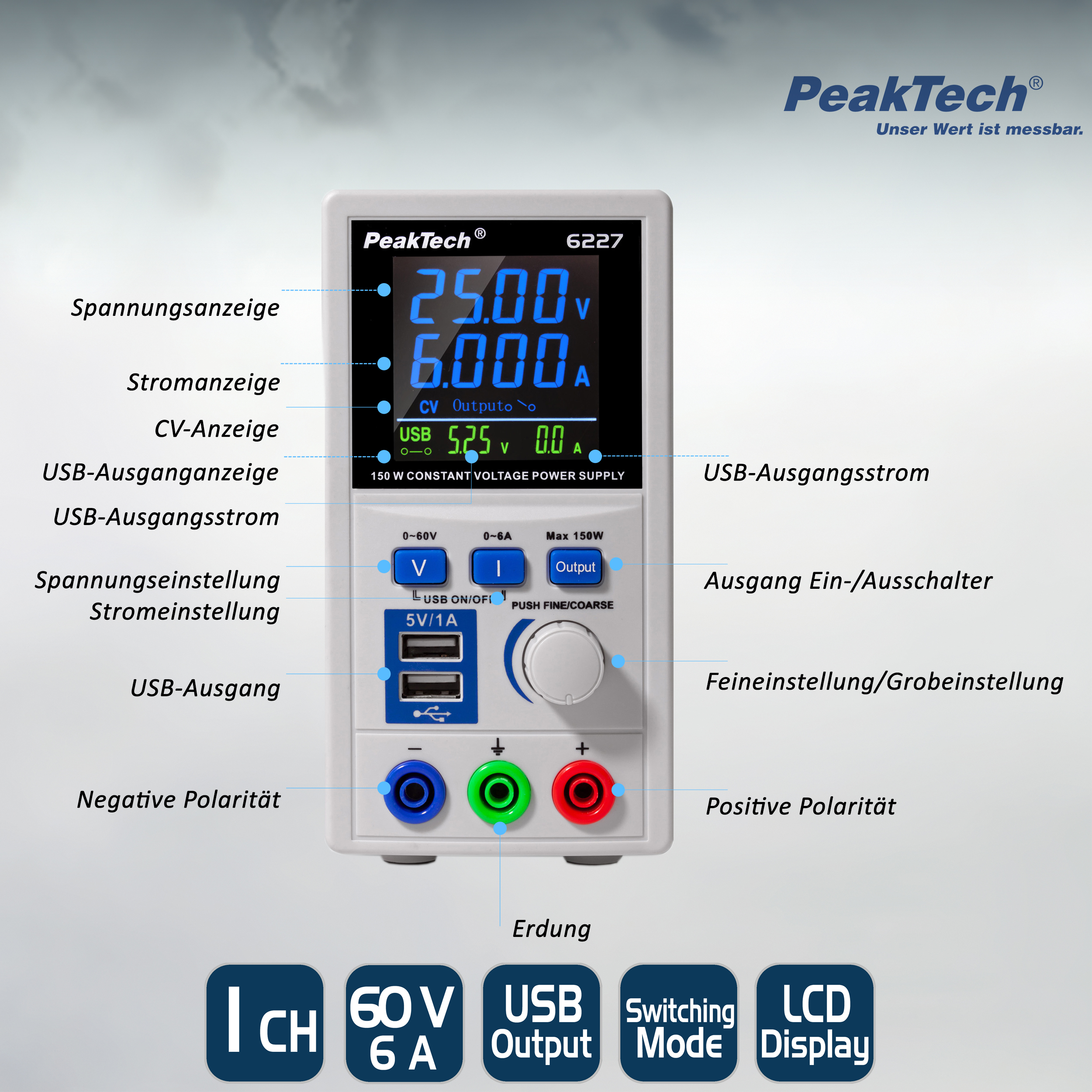 «PeakTech® P 6227» DC power supply 0-60 V / 0-6 A with 2 x USB