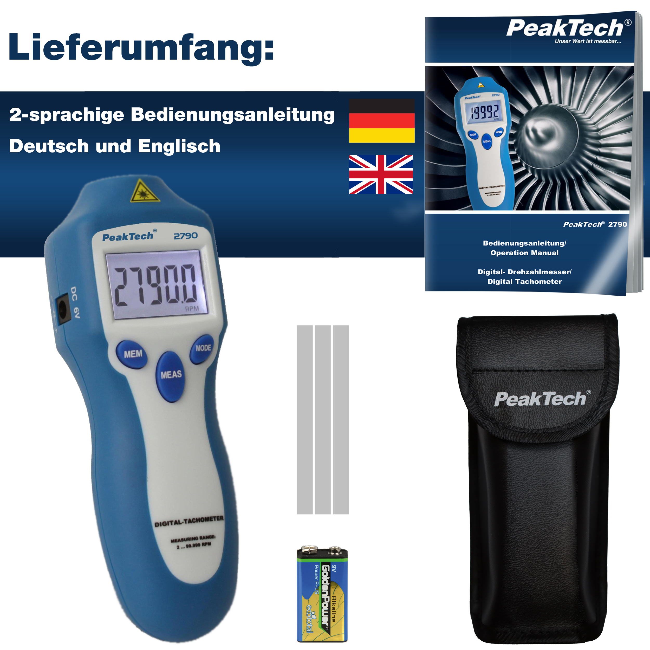 «PeakTech® P 2790» Tachometer, 5-digit 1 ... 99,999 rpm