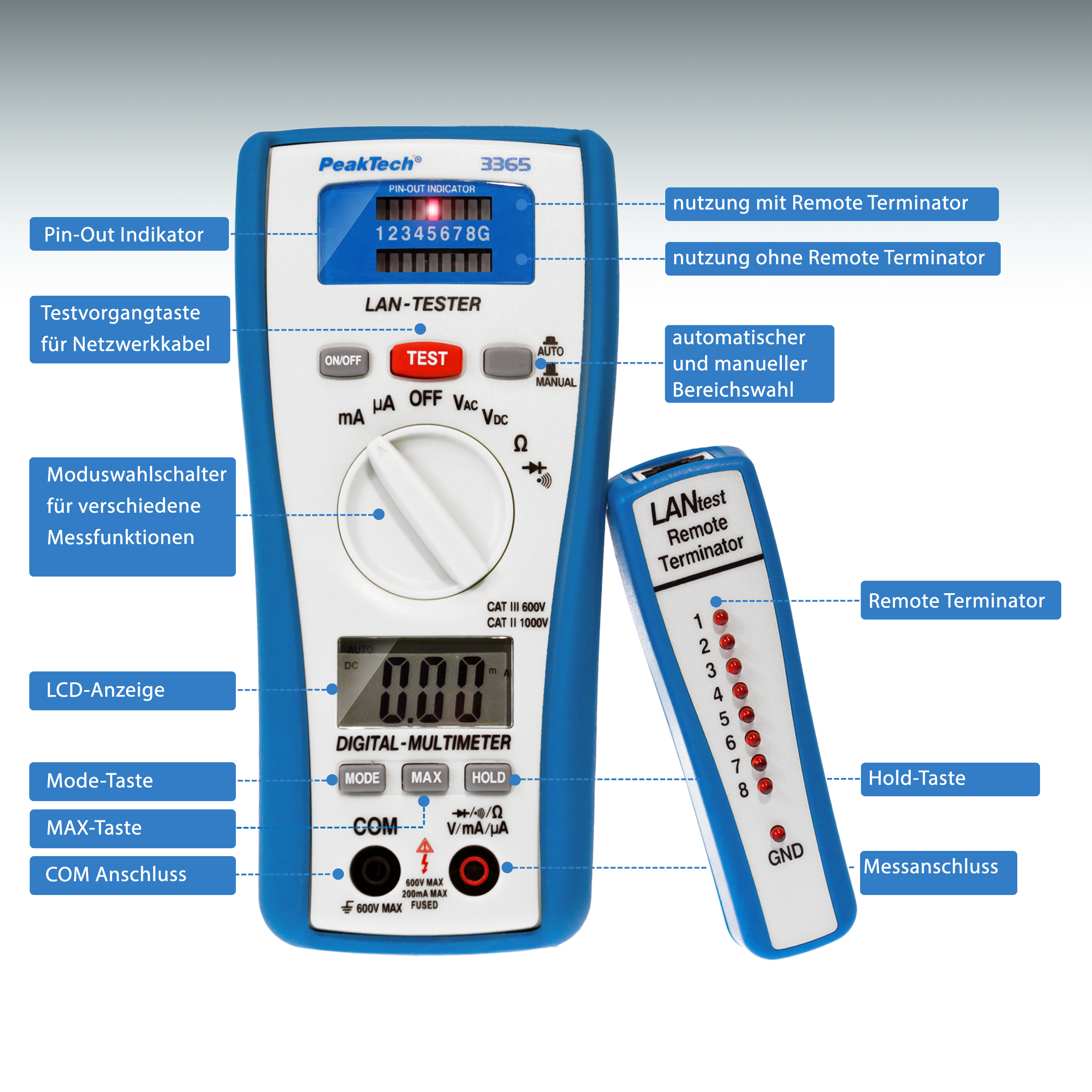 «PeakTech® P 3365» Digital multimeter, 2,000 counts, with LAN tester