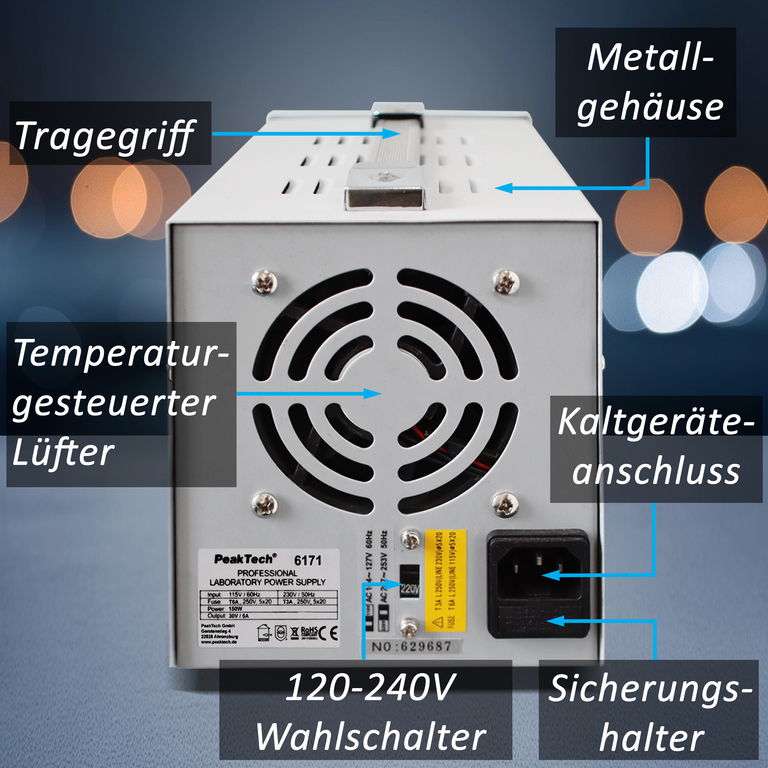 «PeakTech® P 6171» Fuente de alimentación digital 0-30 V / 0-5 A DC