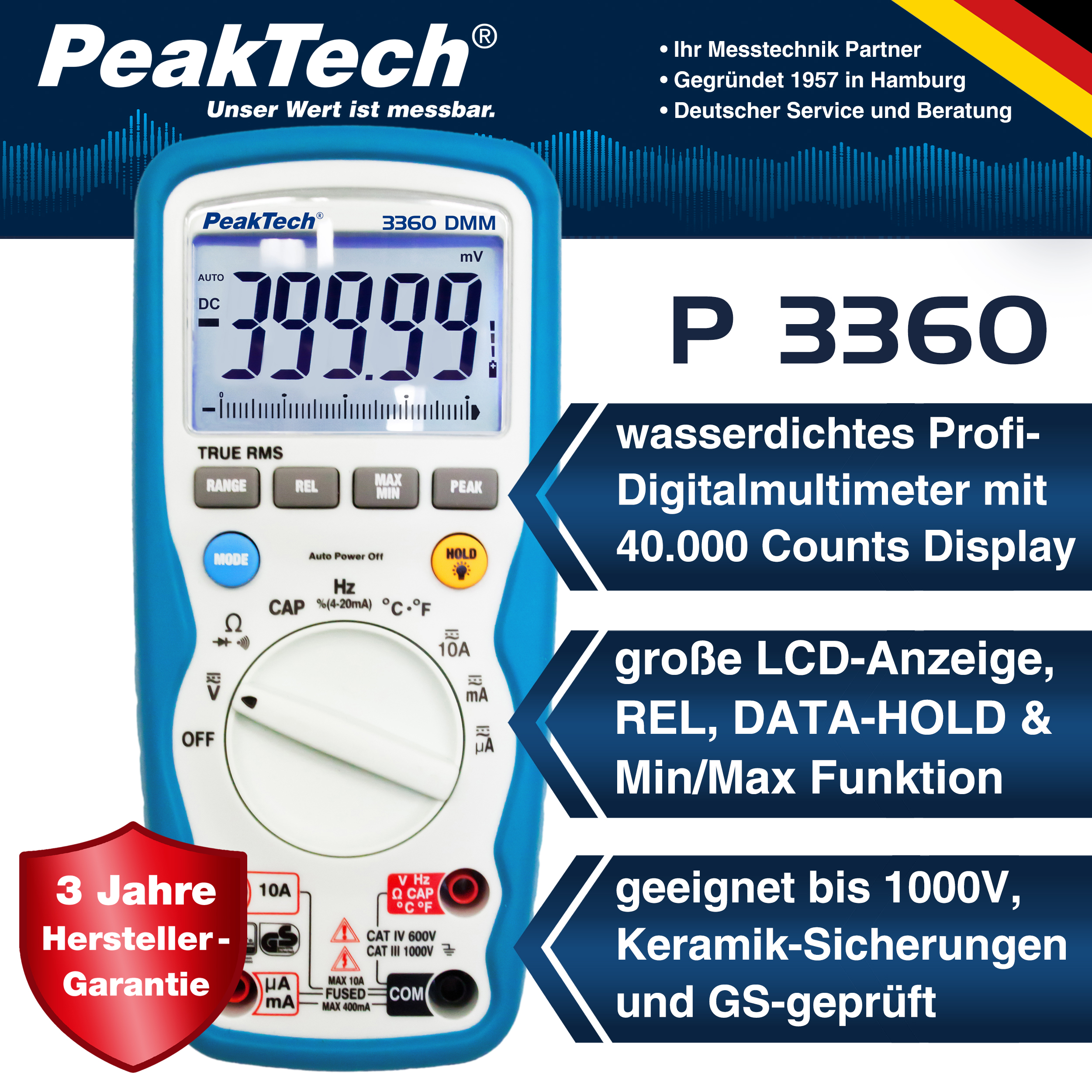 «PeakTech® P 3360» Digitalmultimeter, 40.000 Counts, IP67 mit TrueRMS