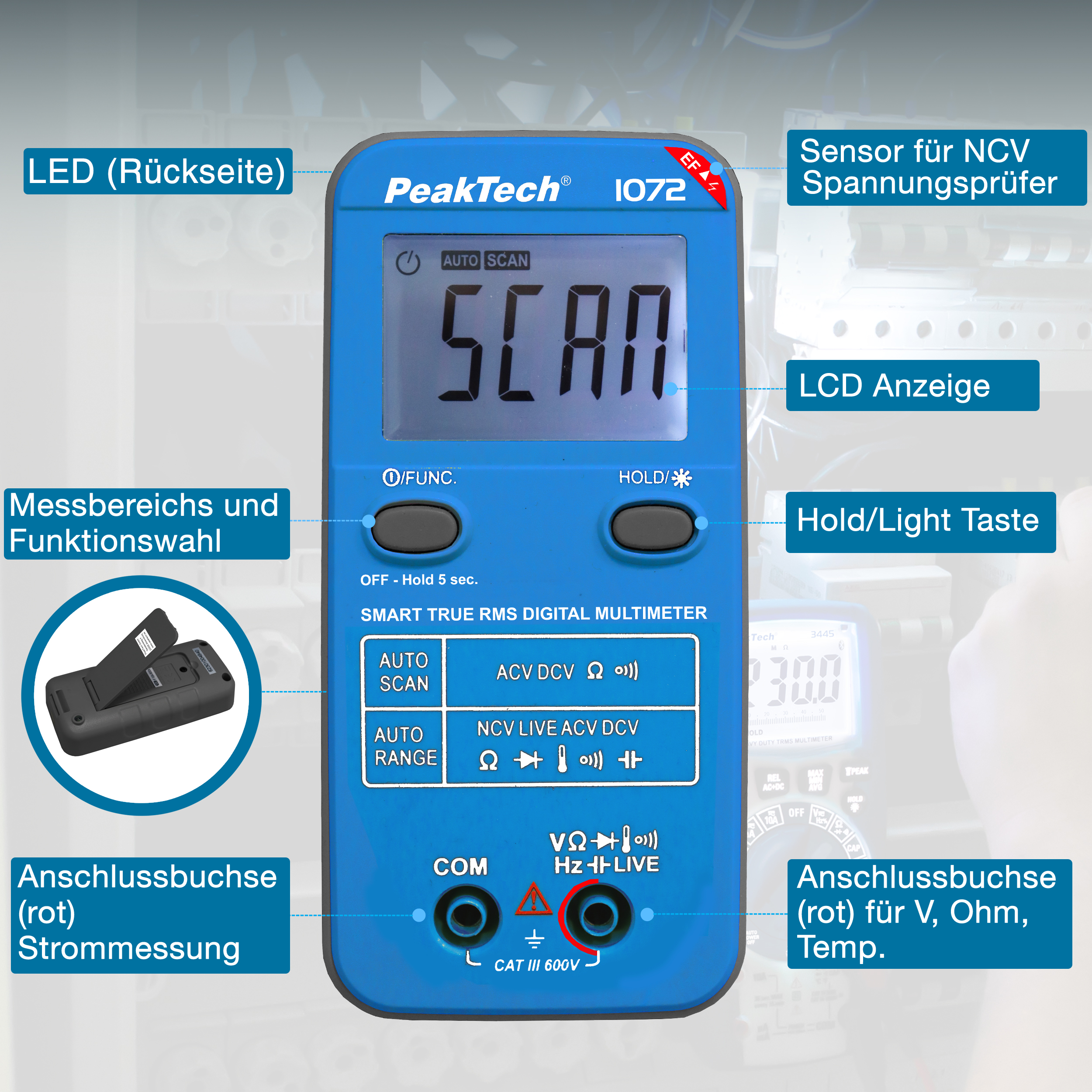 «PeakTech® P 1072» 600V AC/DC Smart-Multimeter mit NCV und Live-Test