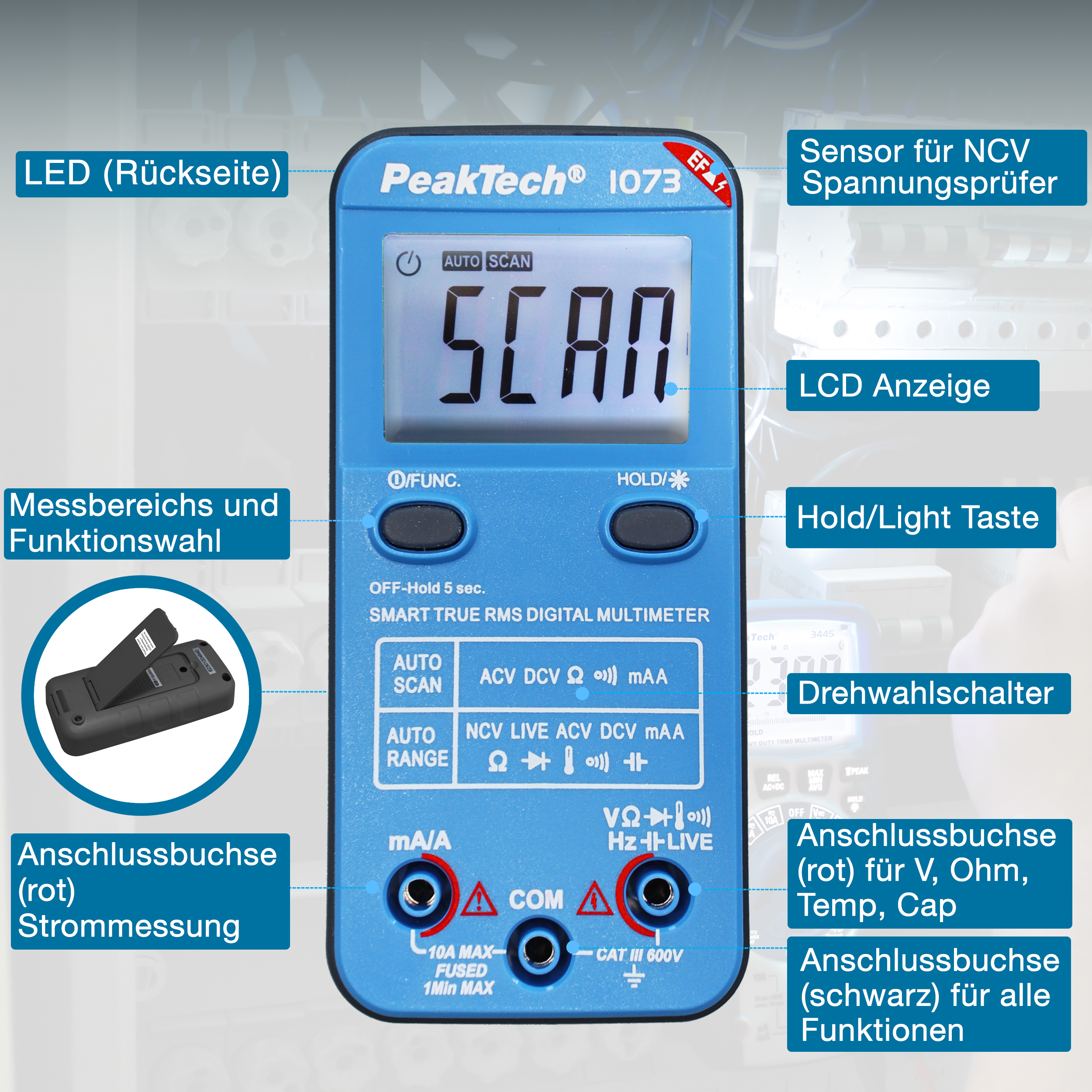 «PeakTech® P 1073» 600V AC/DC Smart-Multimeter mit NCV und Live-Test