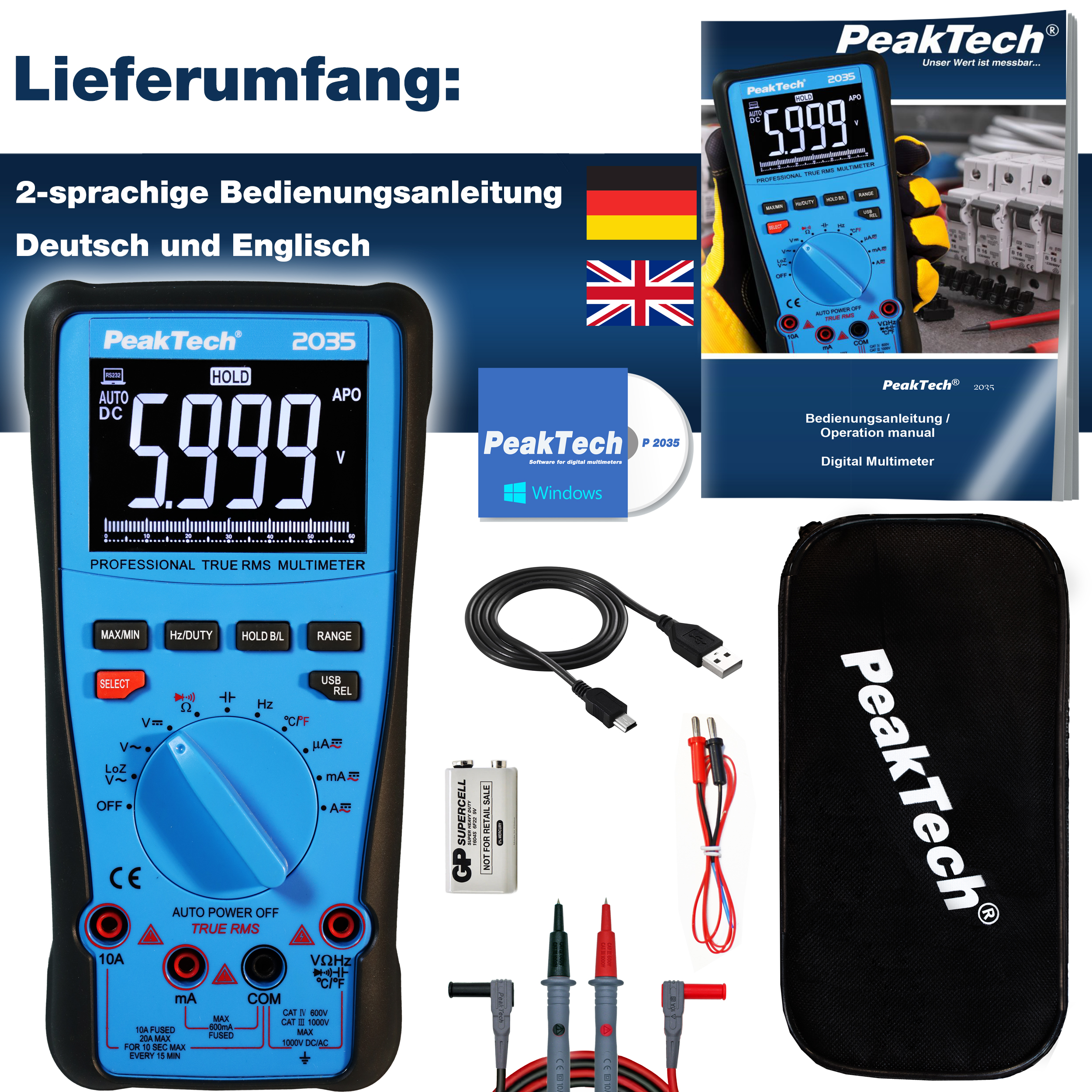 «PeakTech® P 2035» True RMS 1000V Digital Multimeter 6000 Counts, USB