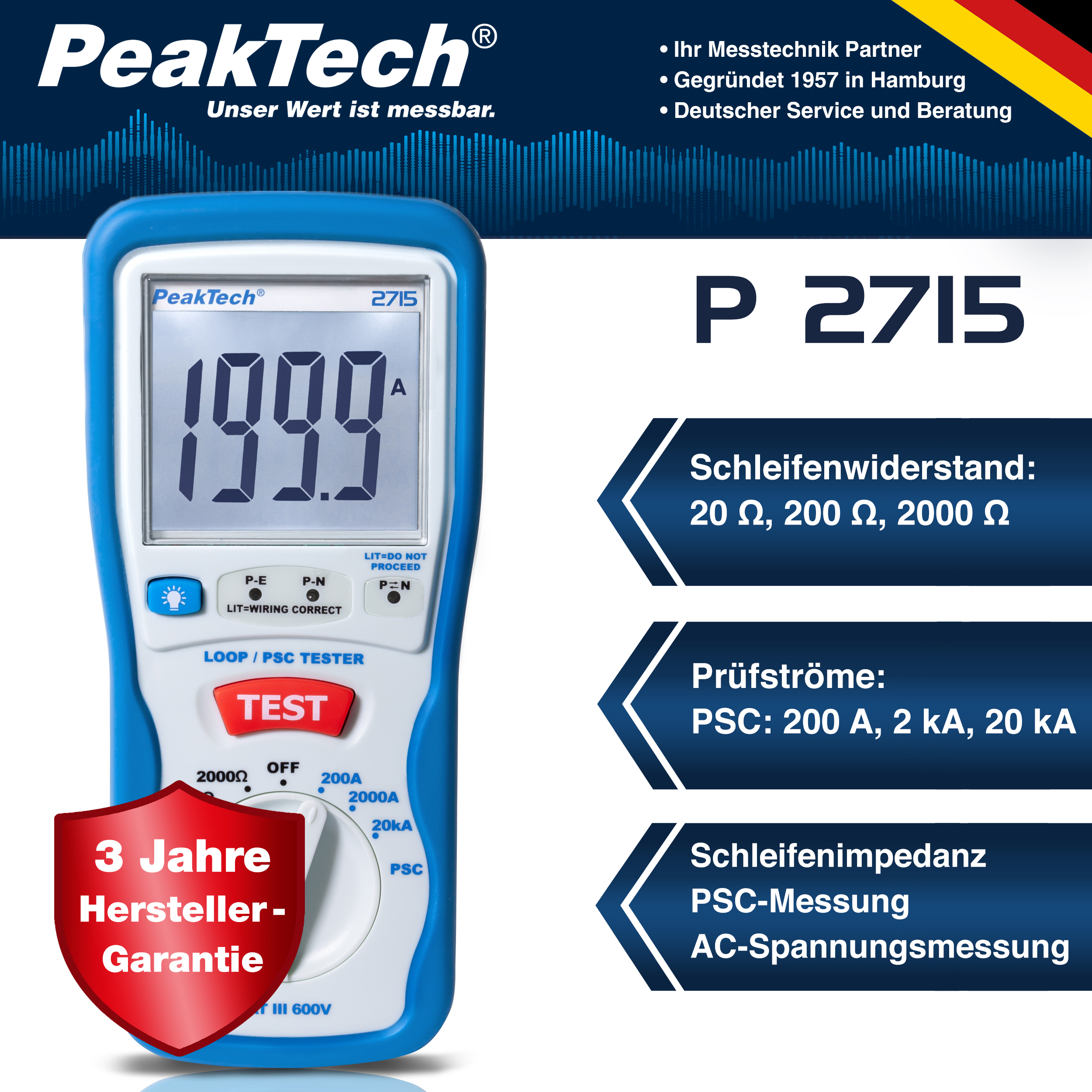 «PeakTech® P 2715» Medidor de impedancia LOOP Digital/ bucle PSC