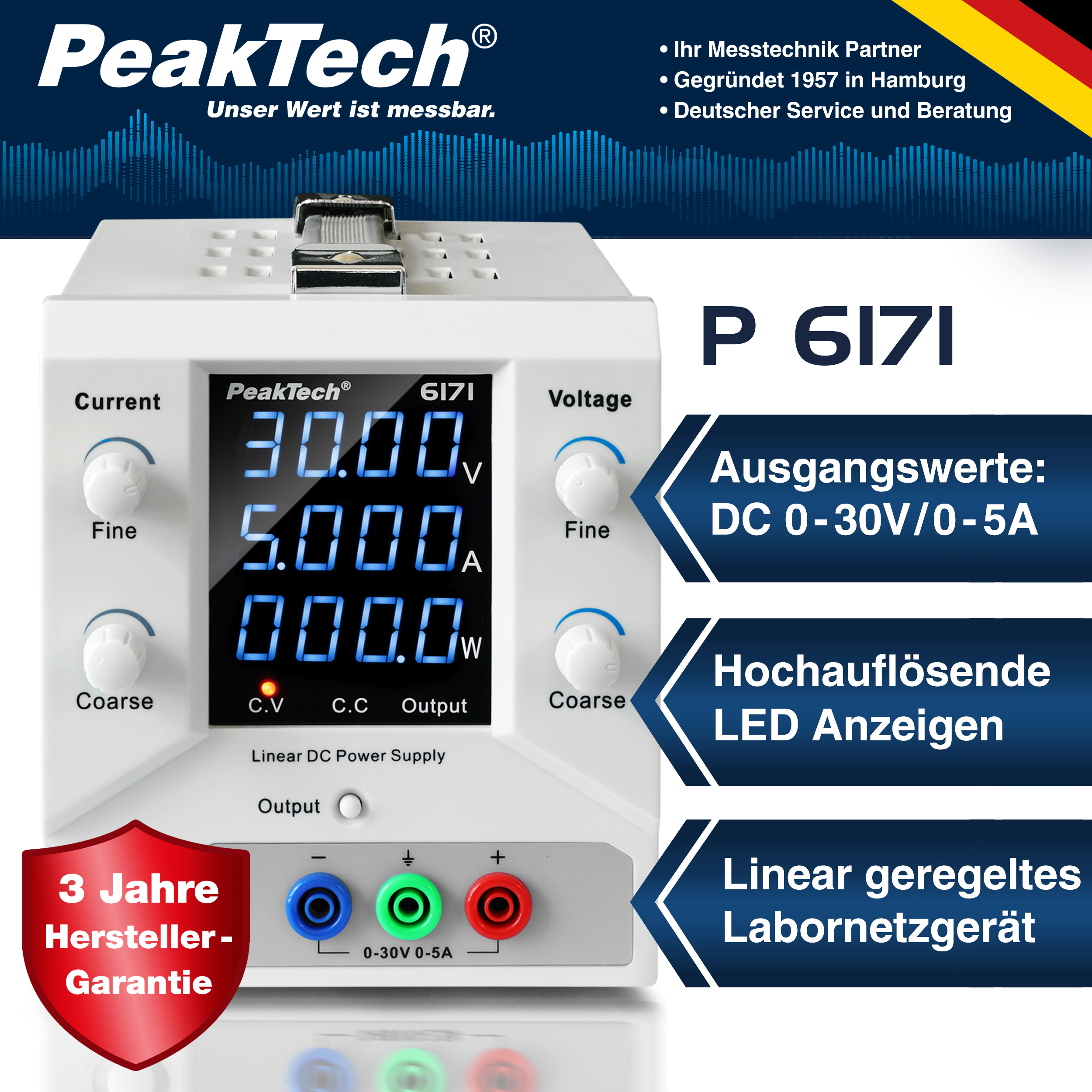 «PeakTech® P 6171» Fuente de alimentación digital 0-30 V / 0-5 A DC