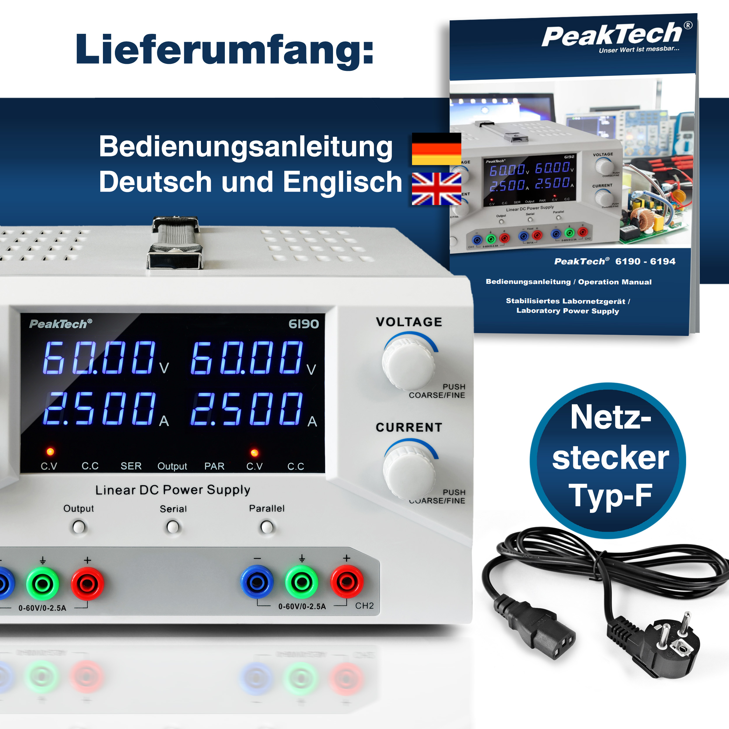 «PeakTech® P 6190» Lab power supply 2x 0-60 V / 0-2,5 A DC & USB