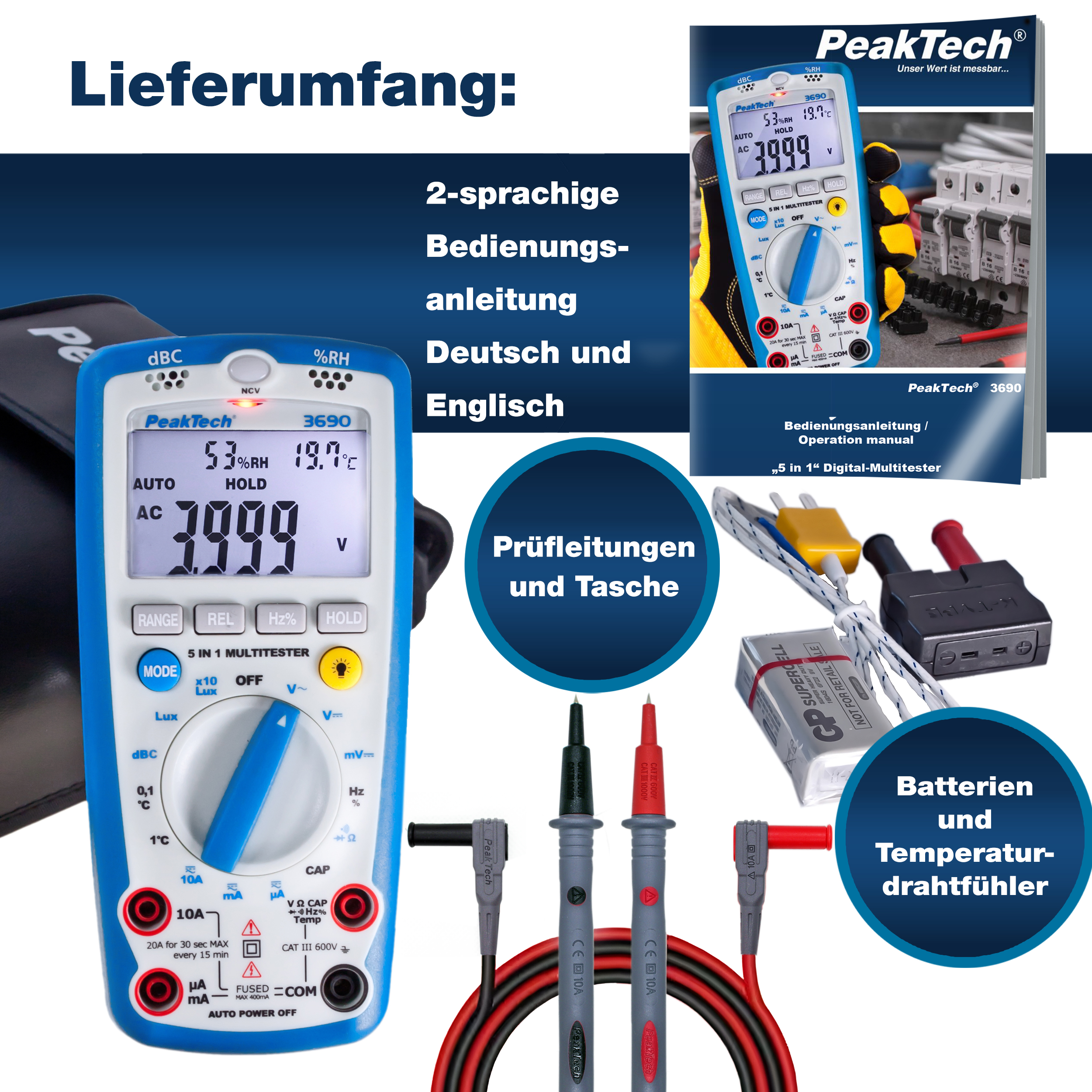 «PeakTech® P 3690» Multimeter, 4.000 Counts mit Umweltmessungen