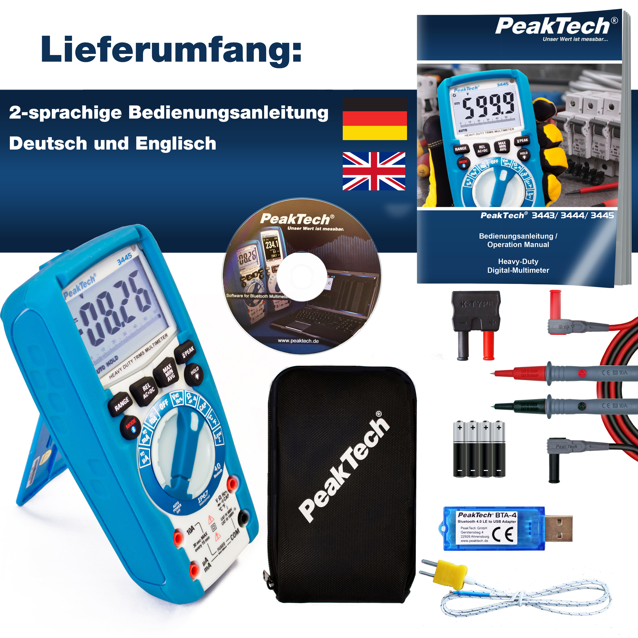 «PeakTech® P 3445» TrueRMS Digitalmultimeter 6.000 Counts, IP67, BT