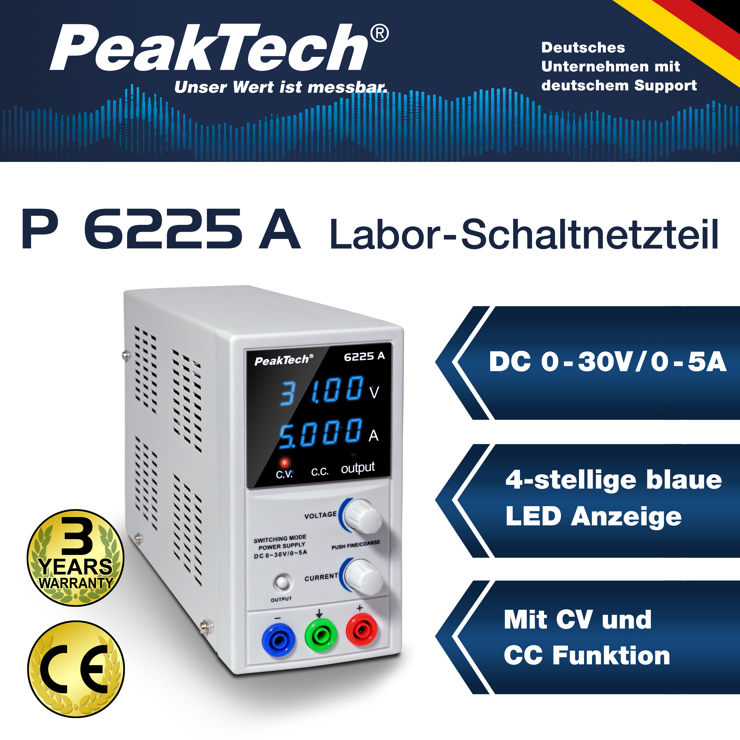 «PeakTech® P 6225 A» Cyfrowy zasilacz DC 0 - 30 V/0 - 5 A