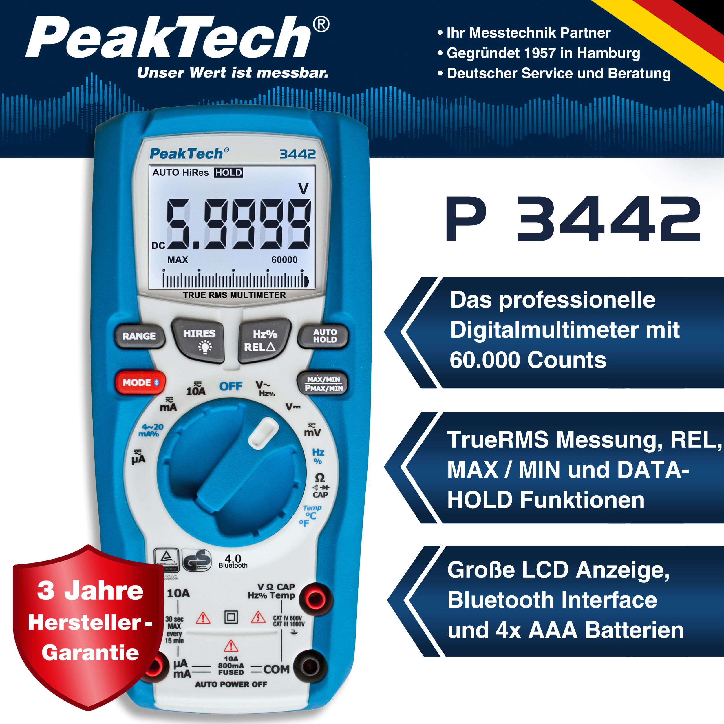 «PeakTech® P 3442» TrueRMS Digitalmultimeter 60.000 Counts, BT