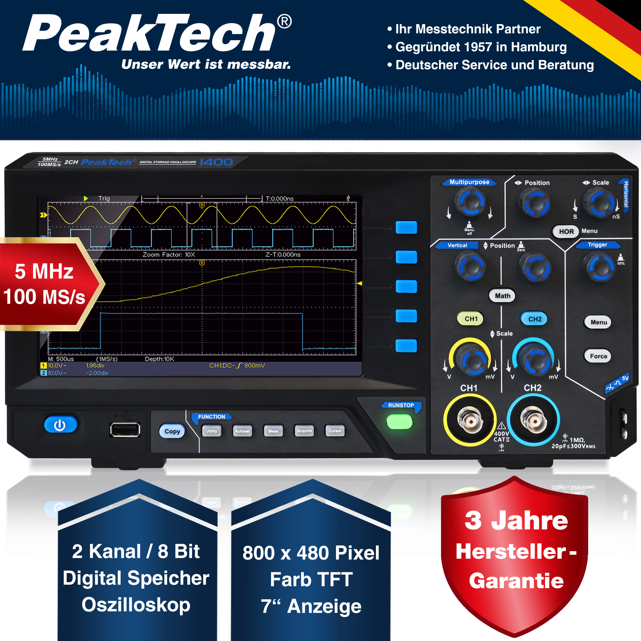 «PeakTech® P 1400» 5 MHz / 2CH, 100 MS/s Oscilloscope à mémoire