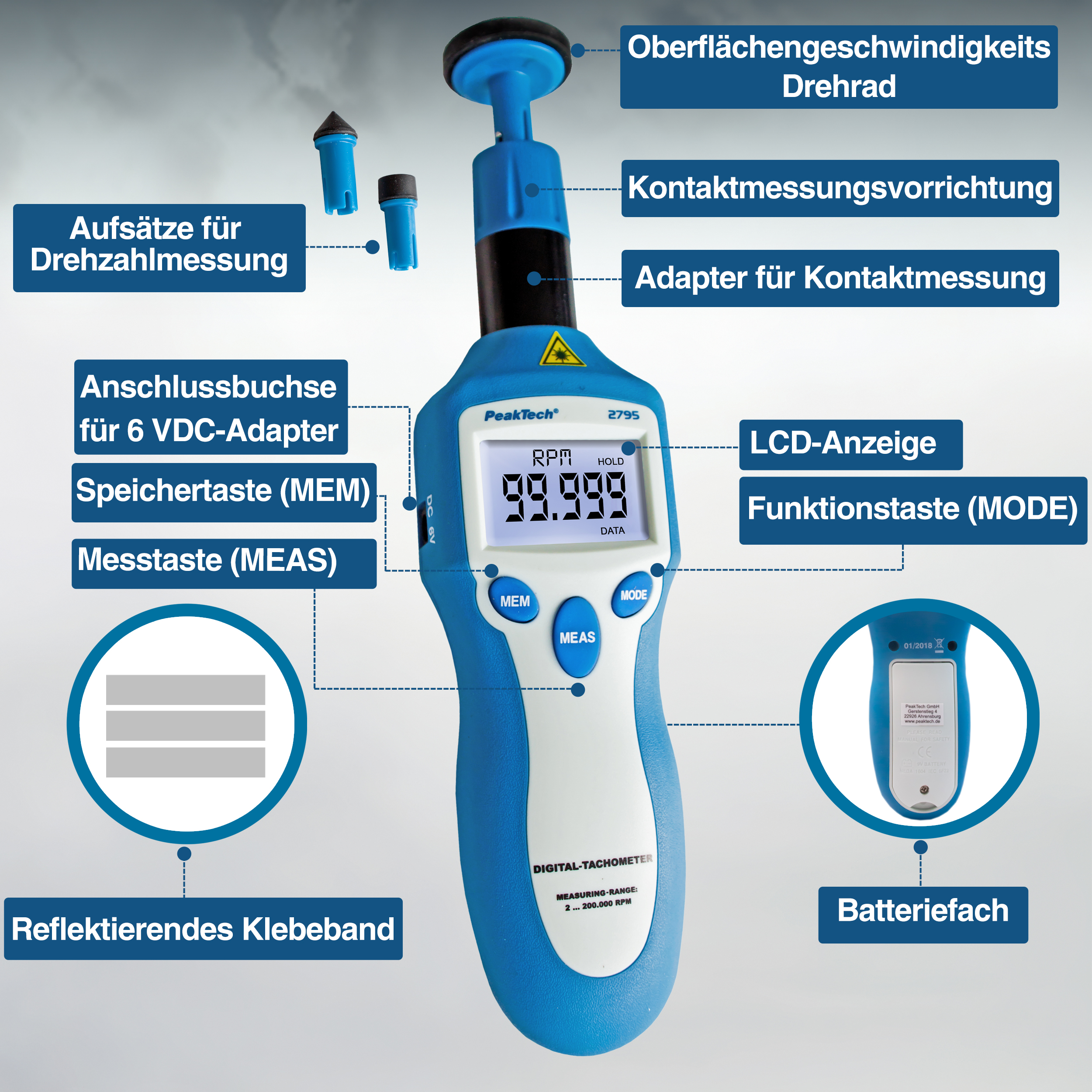 «PeakTech® P 2795» Tachometer photo-contact type with laser