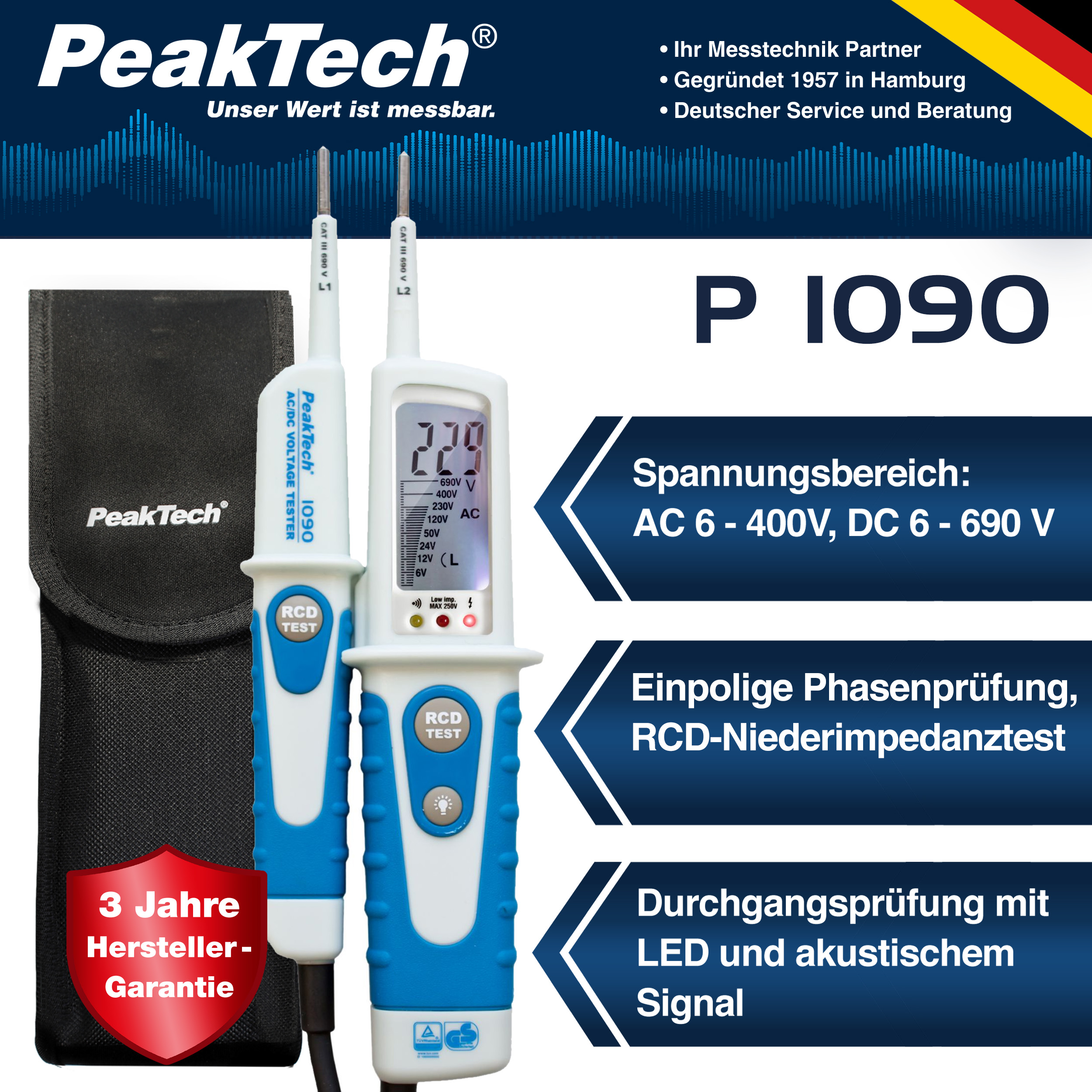 «PeakTech® P 1090» AC/DC Voltage Tester with RCD-Test and LCD-display