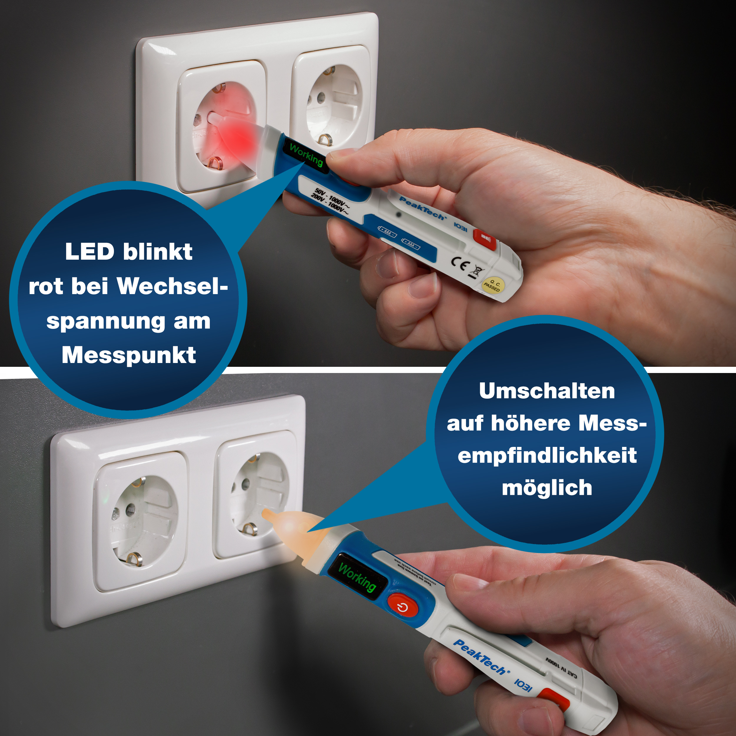 «PeakTech® P 1031» AC voltage tester 50 - 1000 V AC with vibration