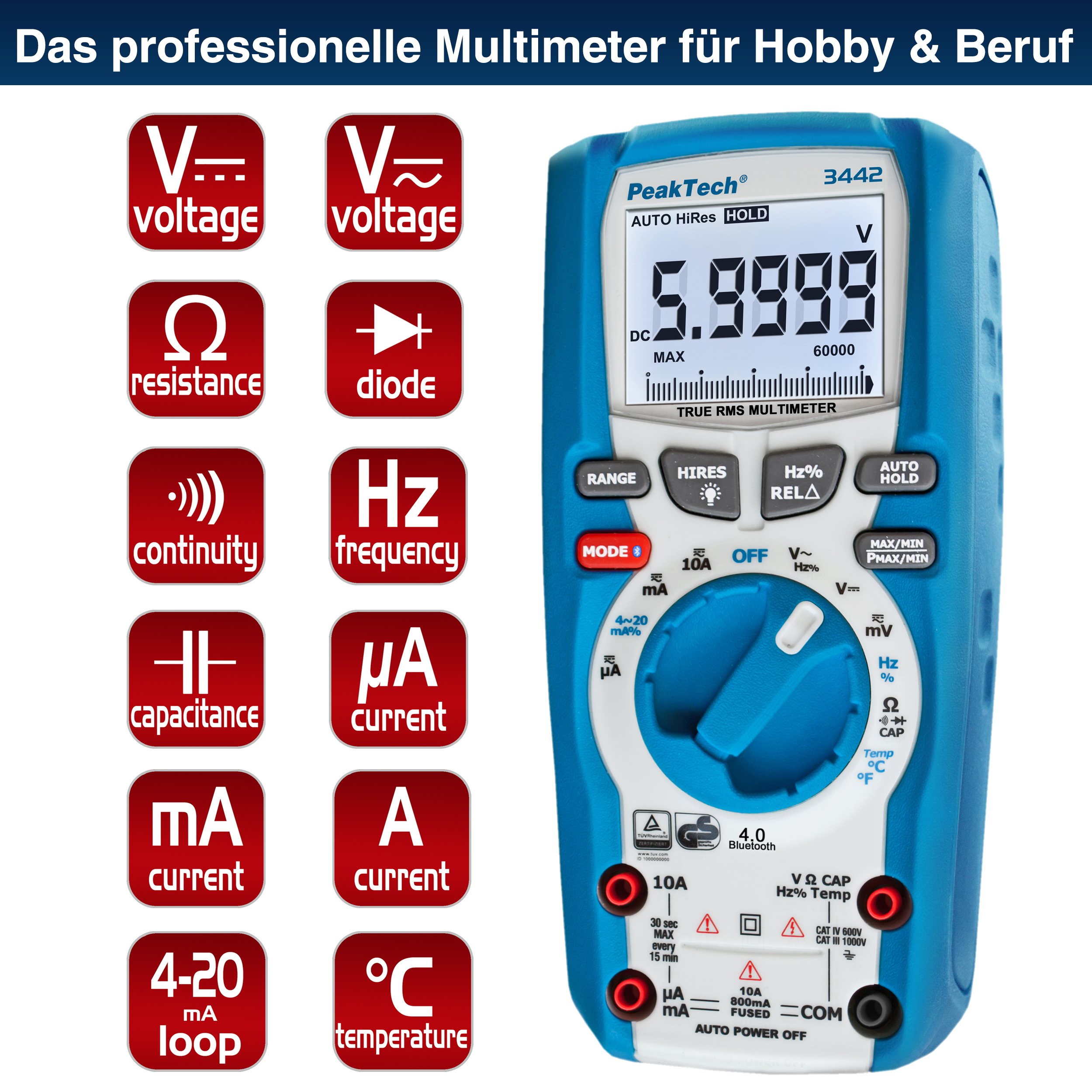 «PeakTech® P 3442» TrueRMS Digitalmultimeter 60.000 Counts, BT