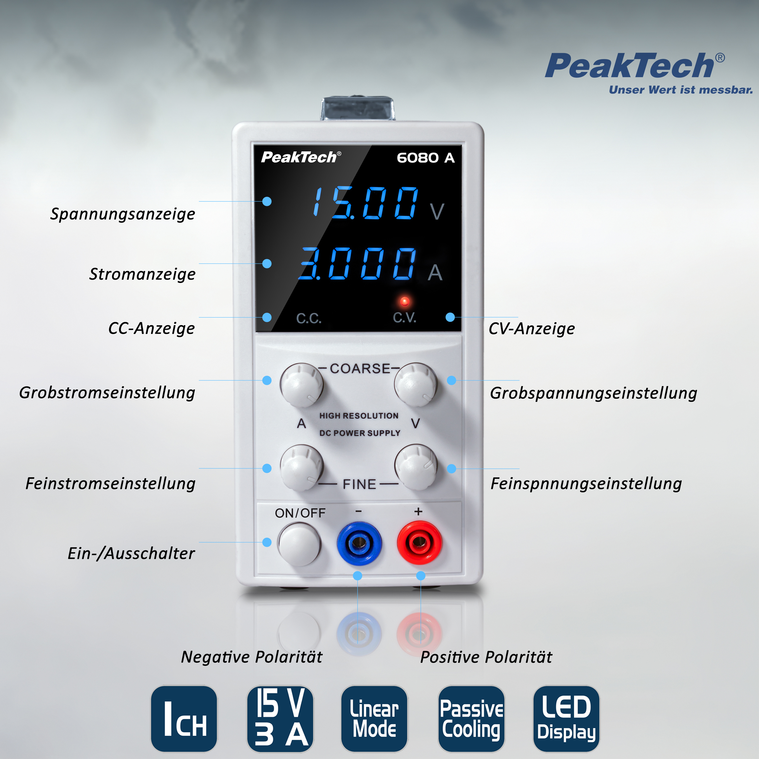 «PeakTech® P 6080 A» Digital Laboratory Power Supply, 0-15 V/0-3 A DC