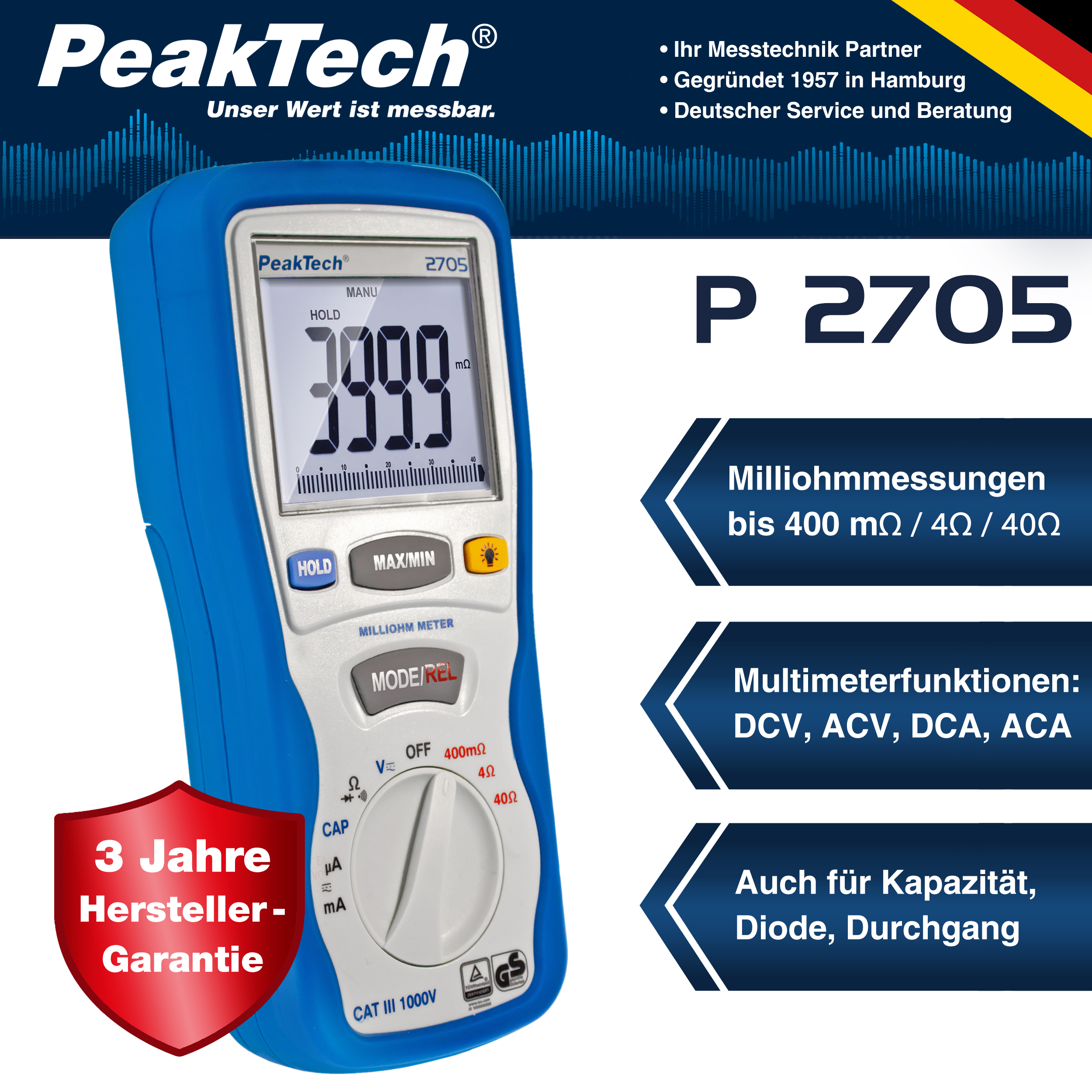 «PeakTech® P 2705» Digital-Milliohmmeter, 4.000 Counts, 400 mΩ/4/40/Ω