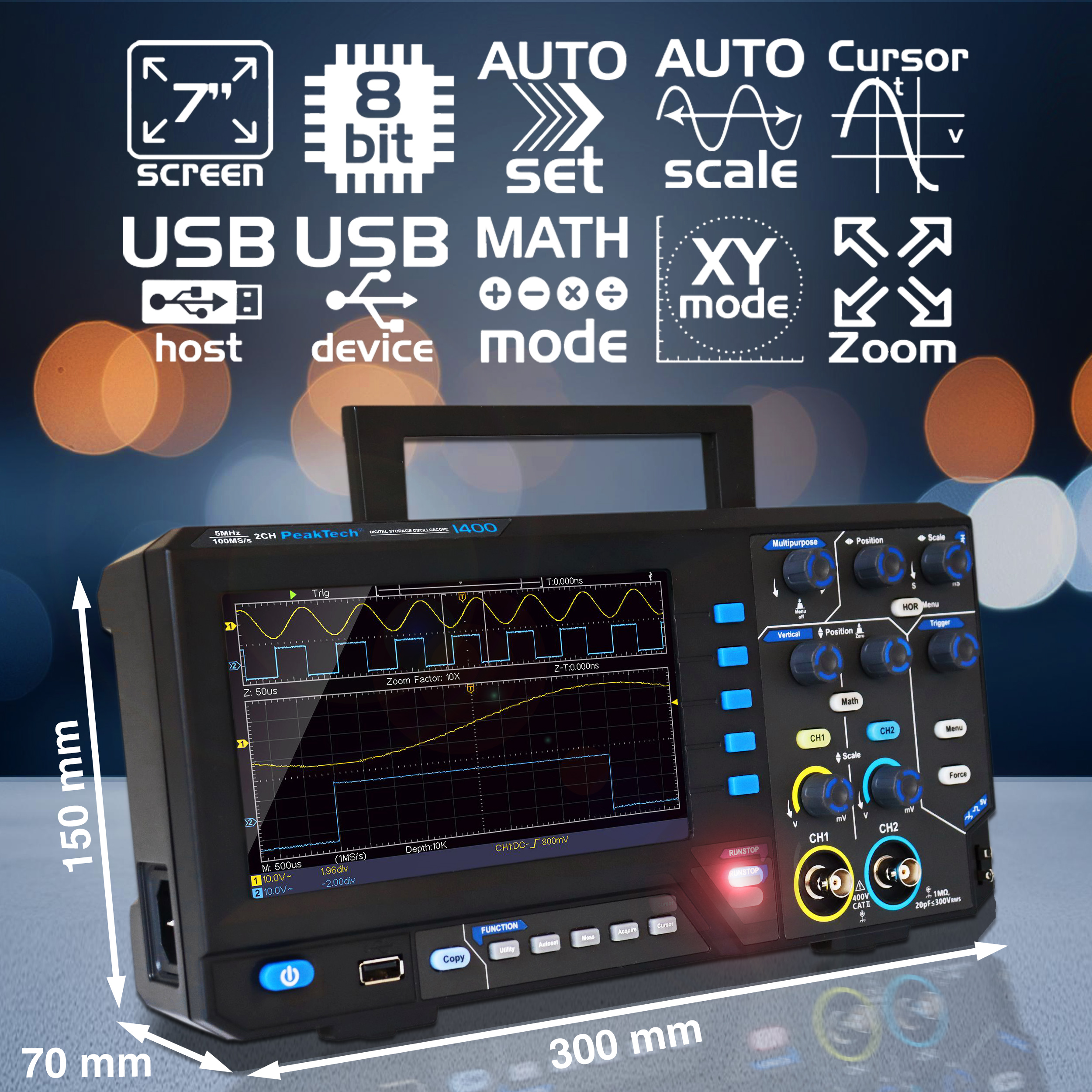 «PeakTech® P 1402» 20 MHz / 2CH, 250 MS/s Oscilloscope à mémoire