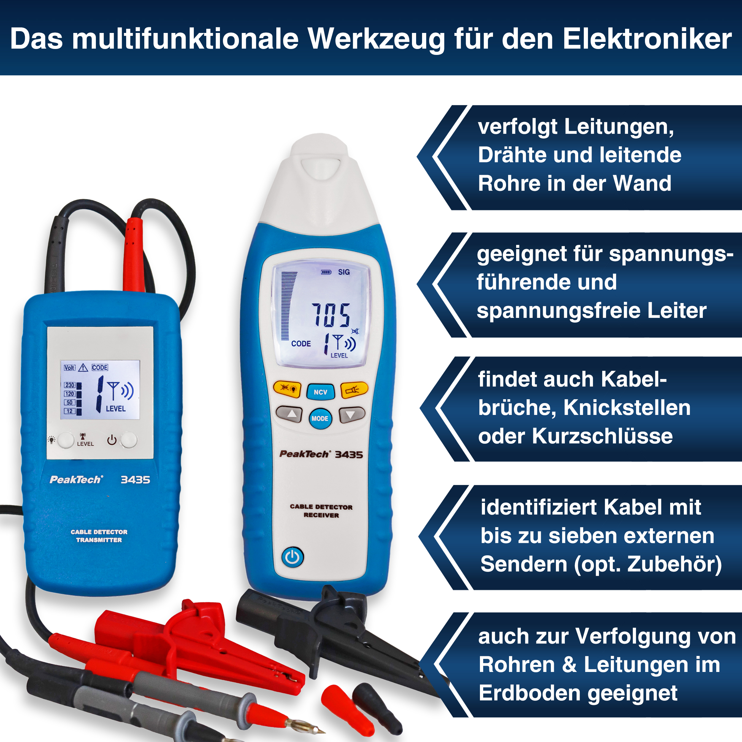 «PeakTech® P 3435» Cable detector - set, transmitter and receiver