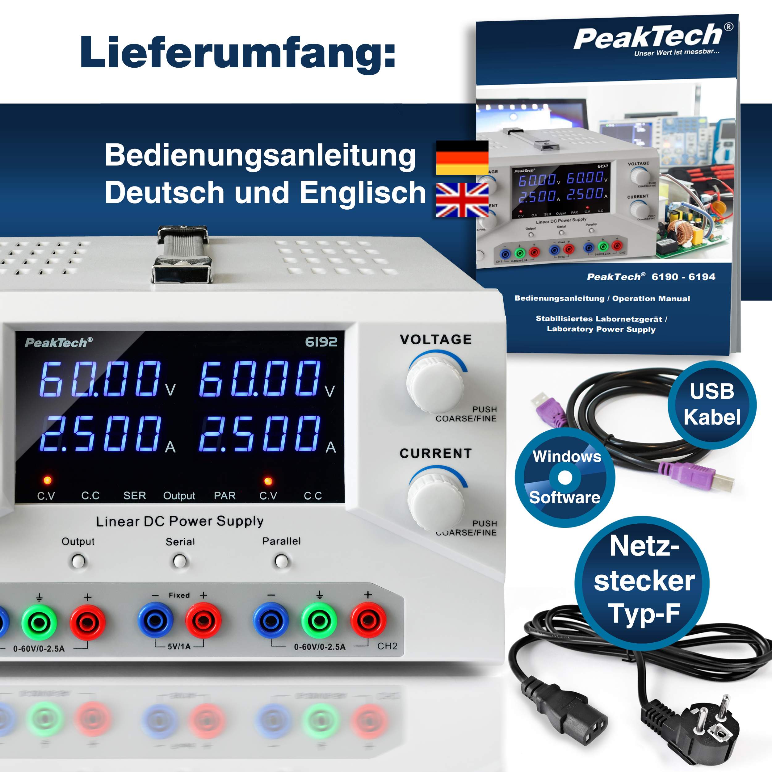 «PeakTech® P 6192» Lab. power supply 2x 0-60 V / 0-2,5 A DC & USB