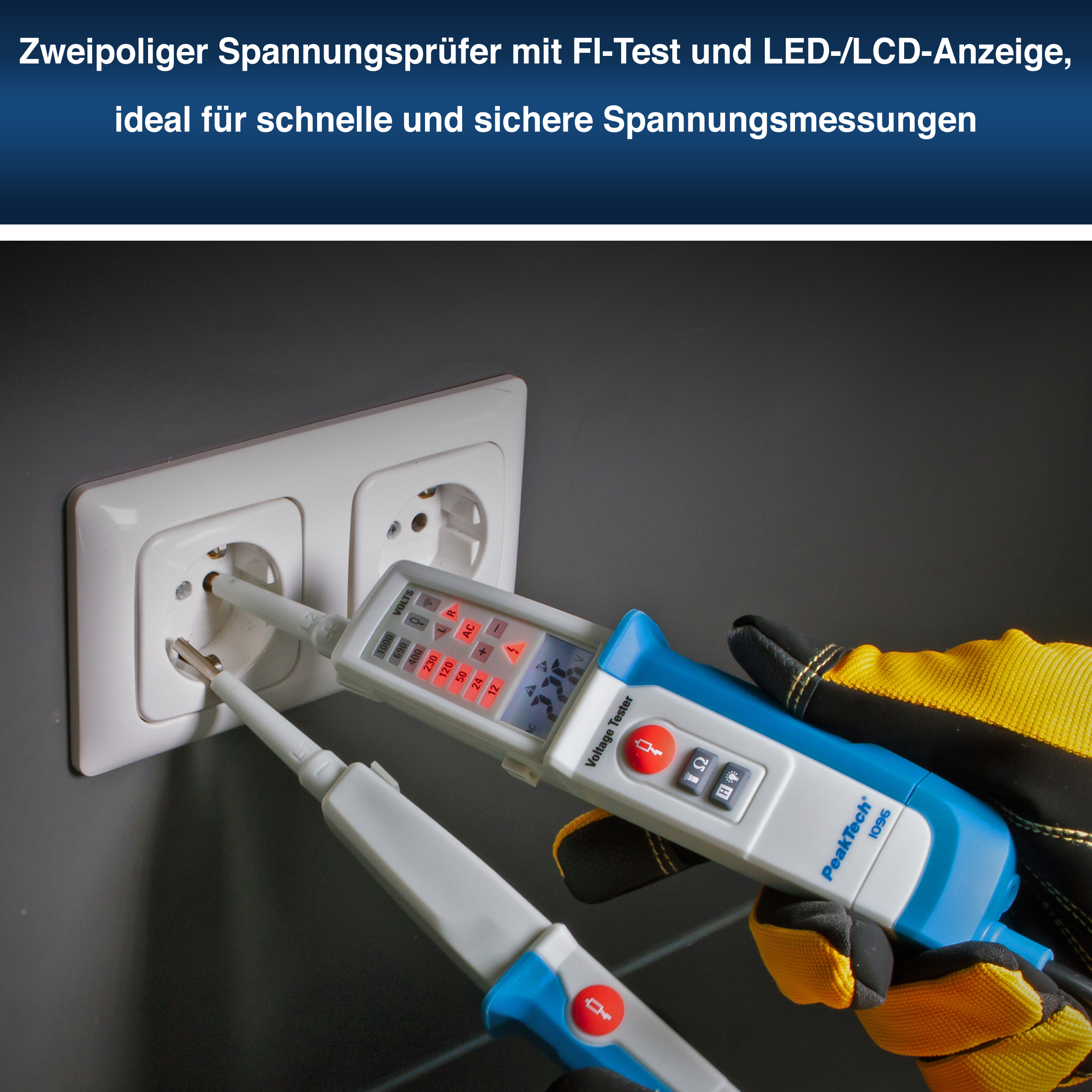 «PeakTech® P 1096» AC/DC-Spannungsprüfer mit FI-Test und Dual-Anzeige