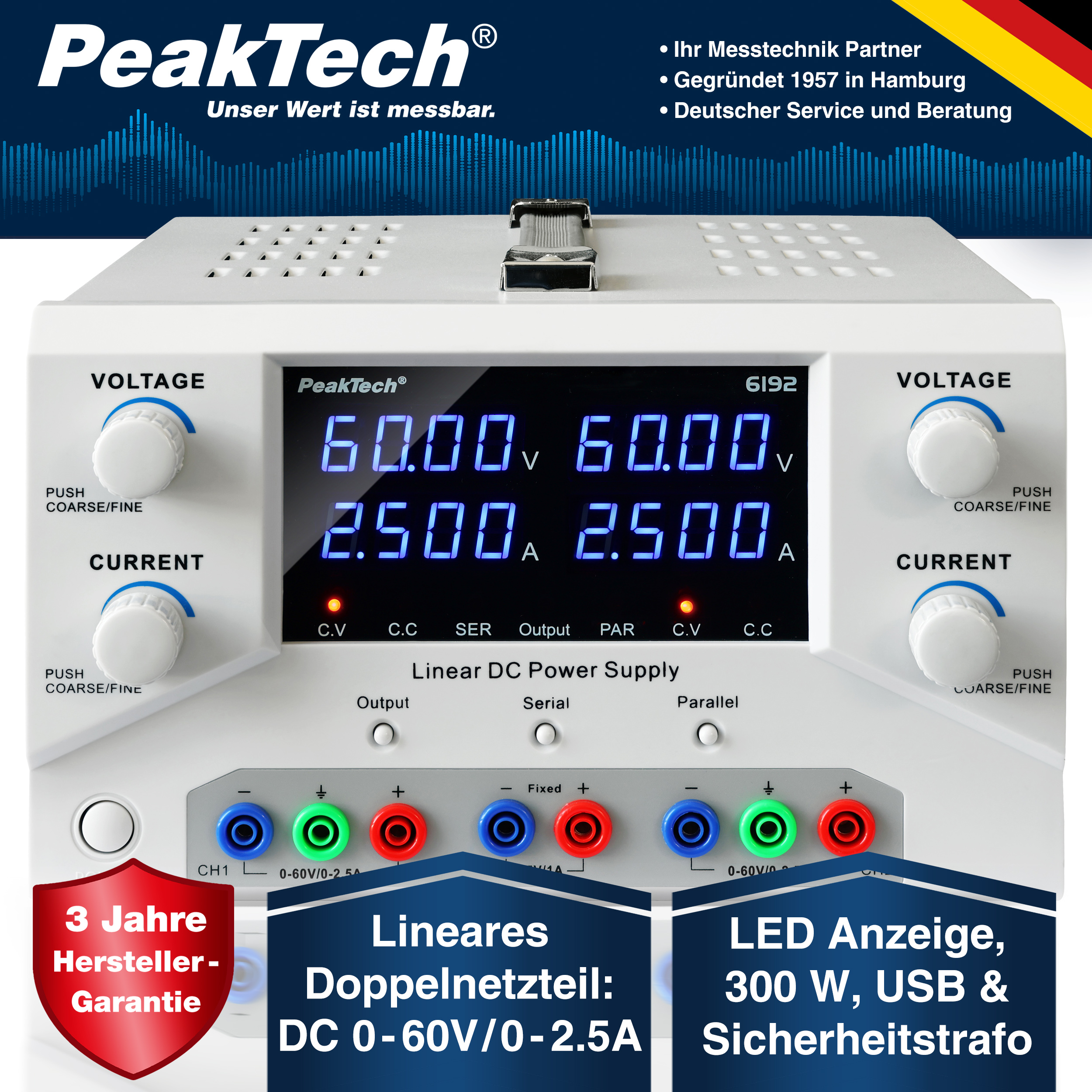 «PeakTech® P 6192» Lab. power supply 2x 0-60 V / 0-2,5 A DC & USB