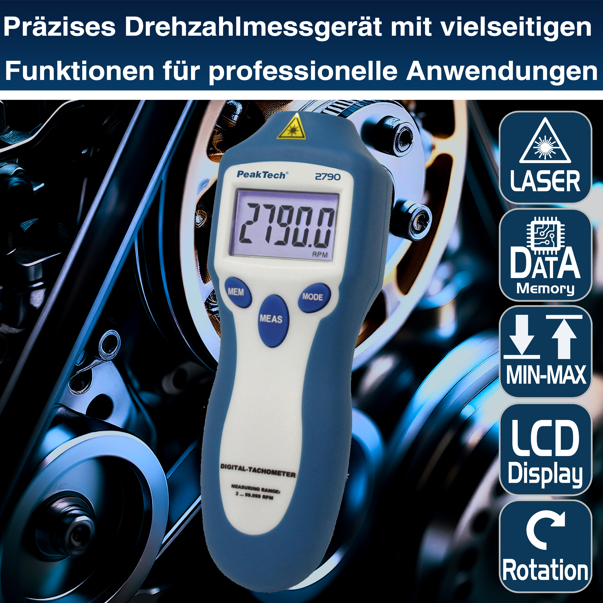 «PeakTech® P 2790» Tachometer, 5-digit 1 ... 99,999 rpm