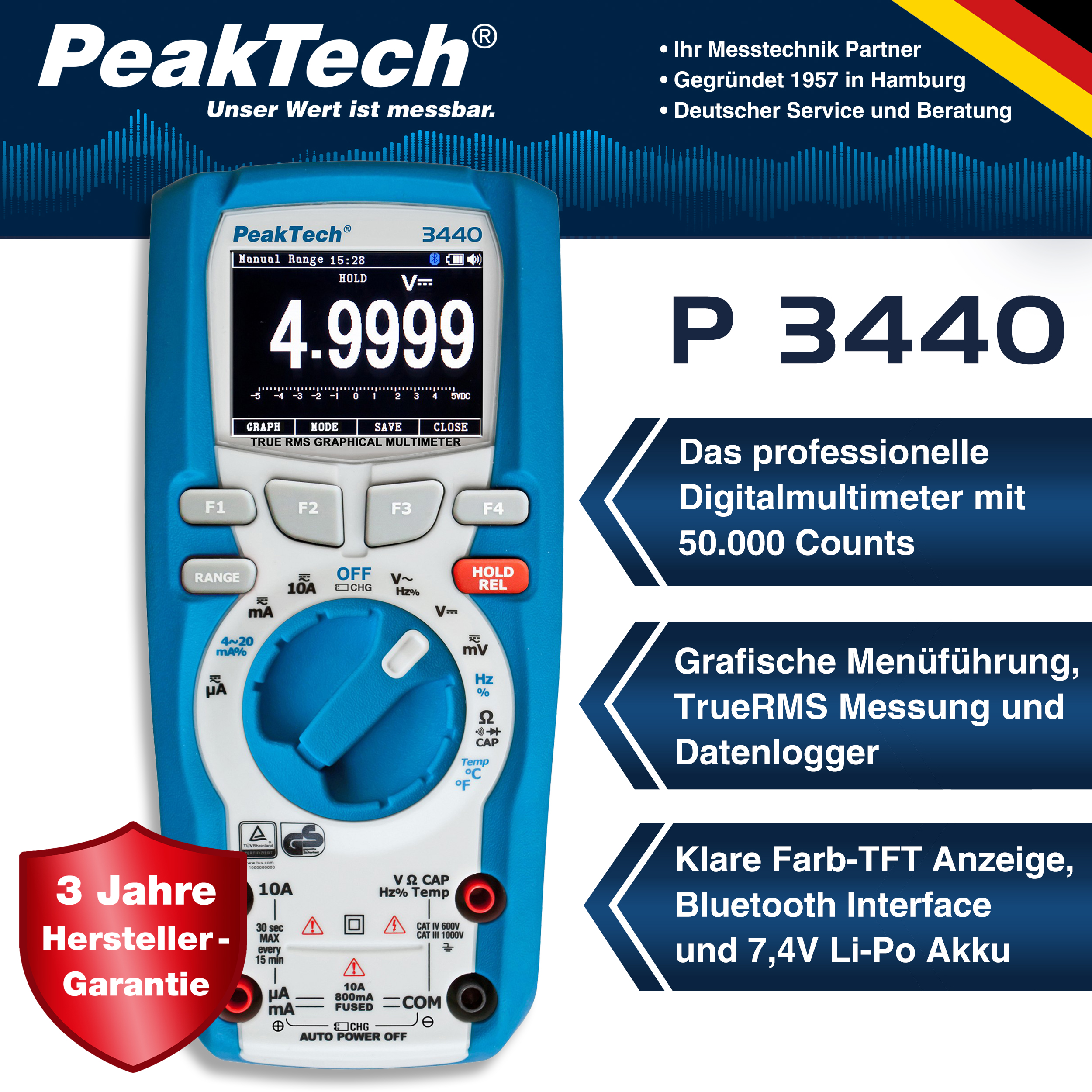 «PeakTech® P 3440» Multimètre graphique True RMS 50000 points