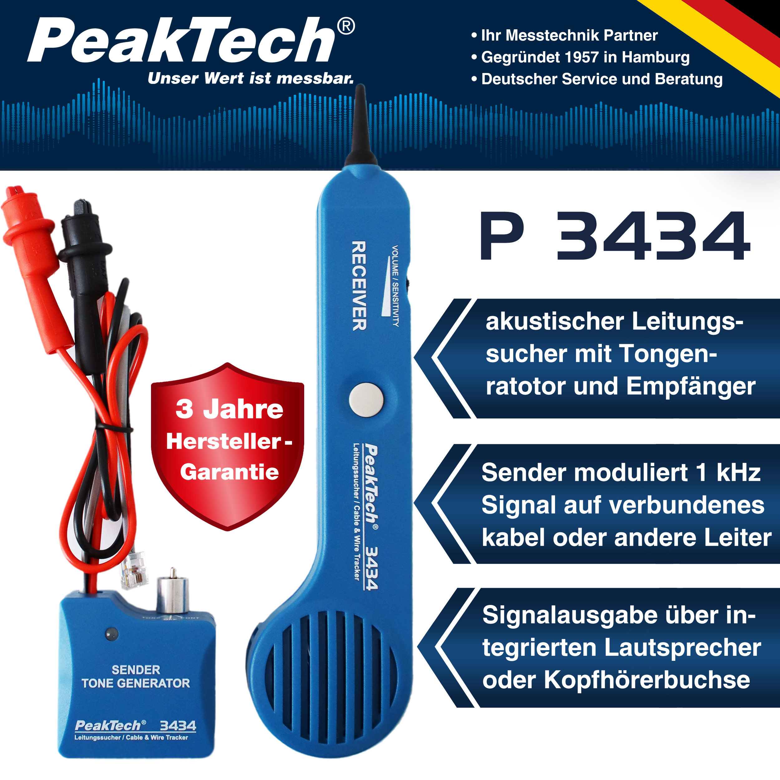 «PeakTech® P 3434» Acoustic cable detector with tone generator