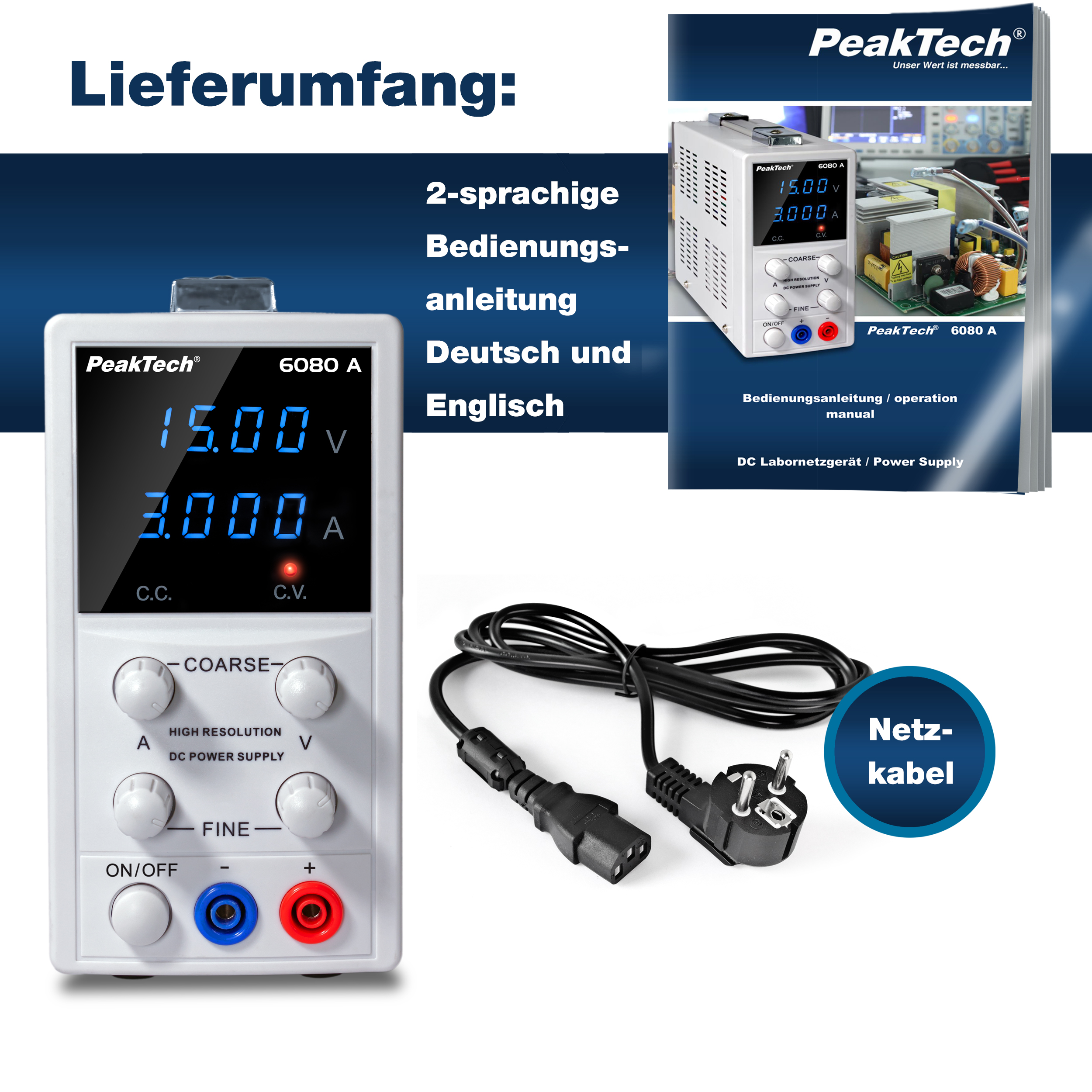 «PeakTech® P 6080 A» Digital Laboratory Power Supply, 0-15 V/0-3 A DC