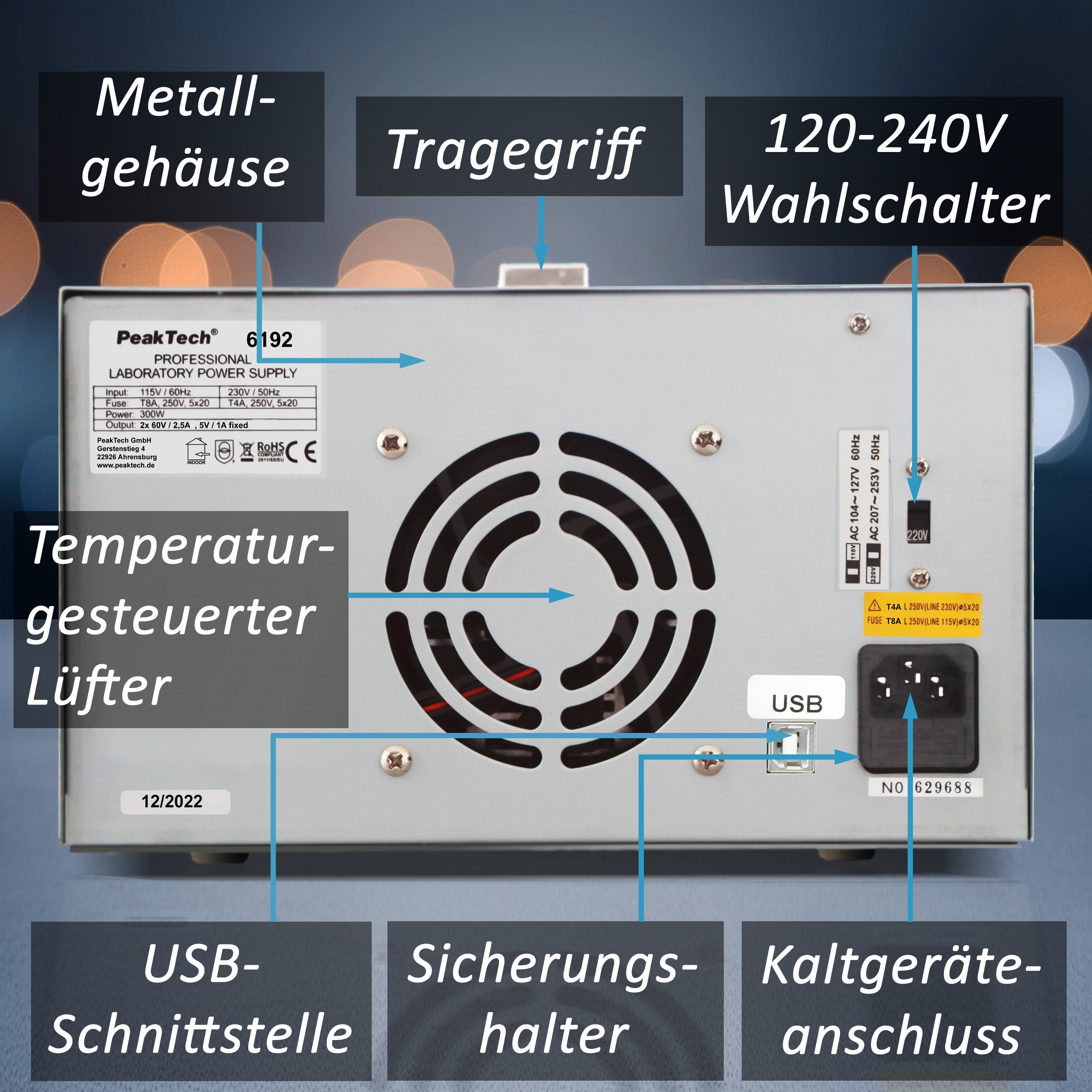 «PeakTech® P 6192» Fuente de alimentación 2x0-60 V / 0-2,5 A DC y USB